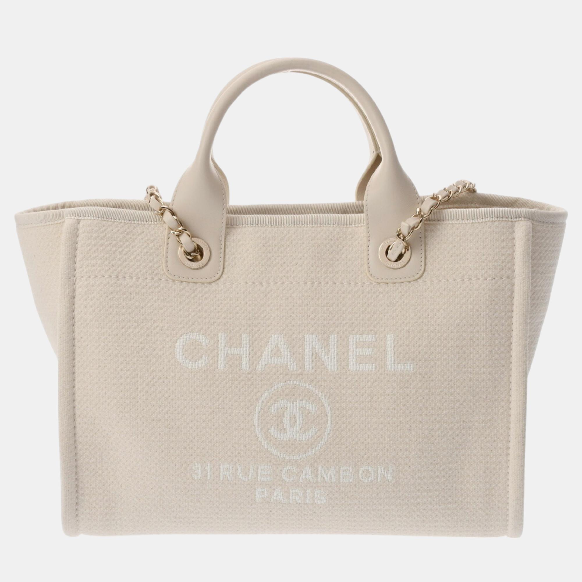 

Chanel Ivory Canvas, Leather Deauville Small Tote Bag, Cream