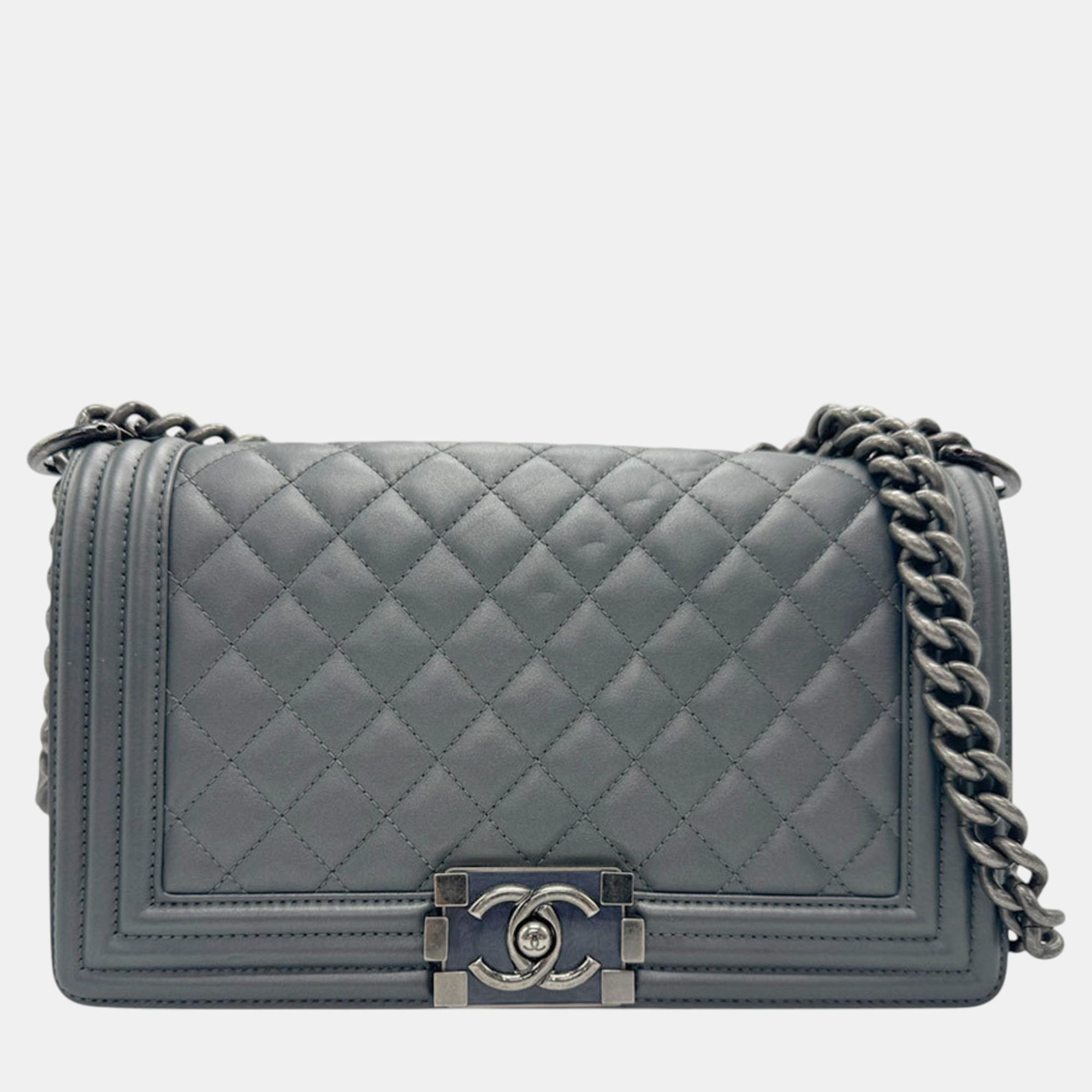 

Chanel Grey Leather Boy Small Shoulder Bag