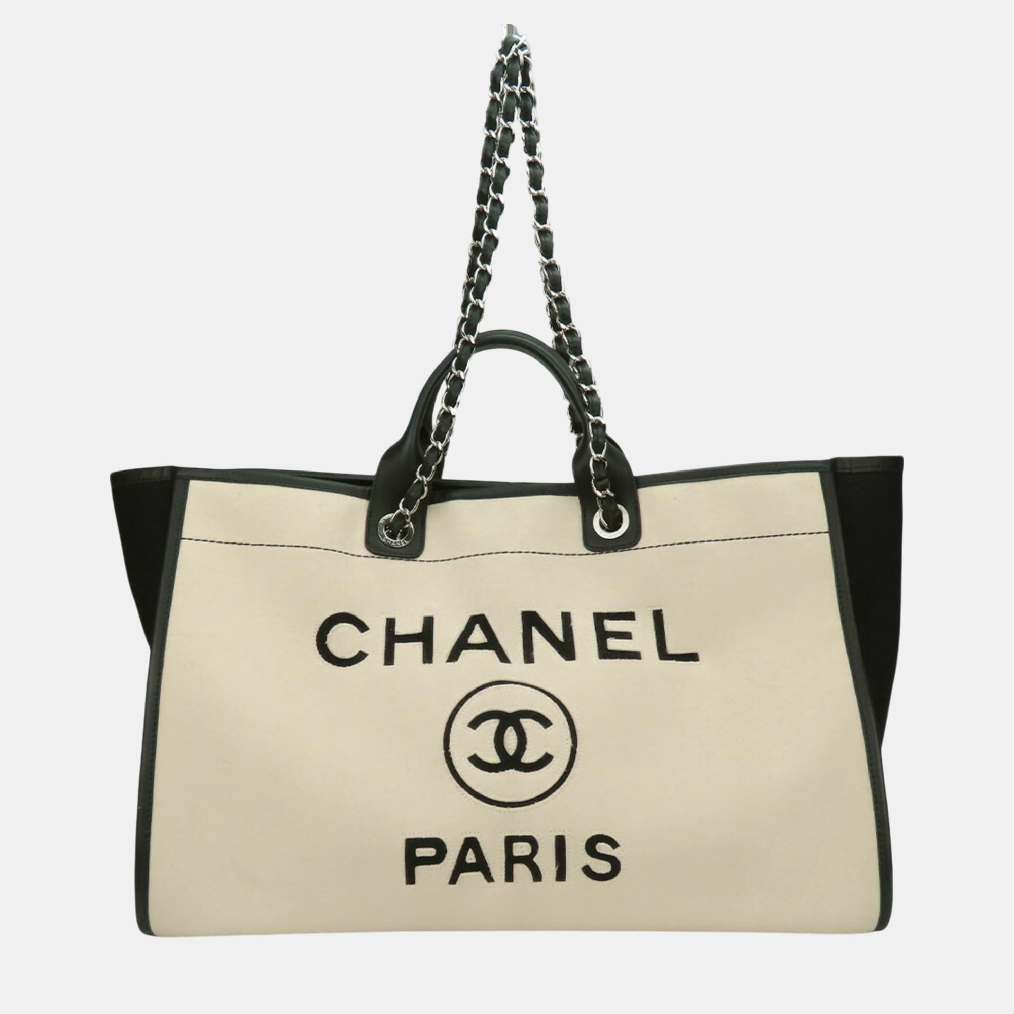 

Chanel Black, Cream Wool and Leather Deauville Tote Bag