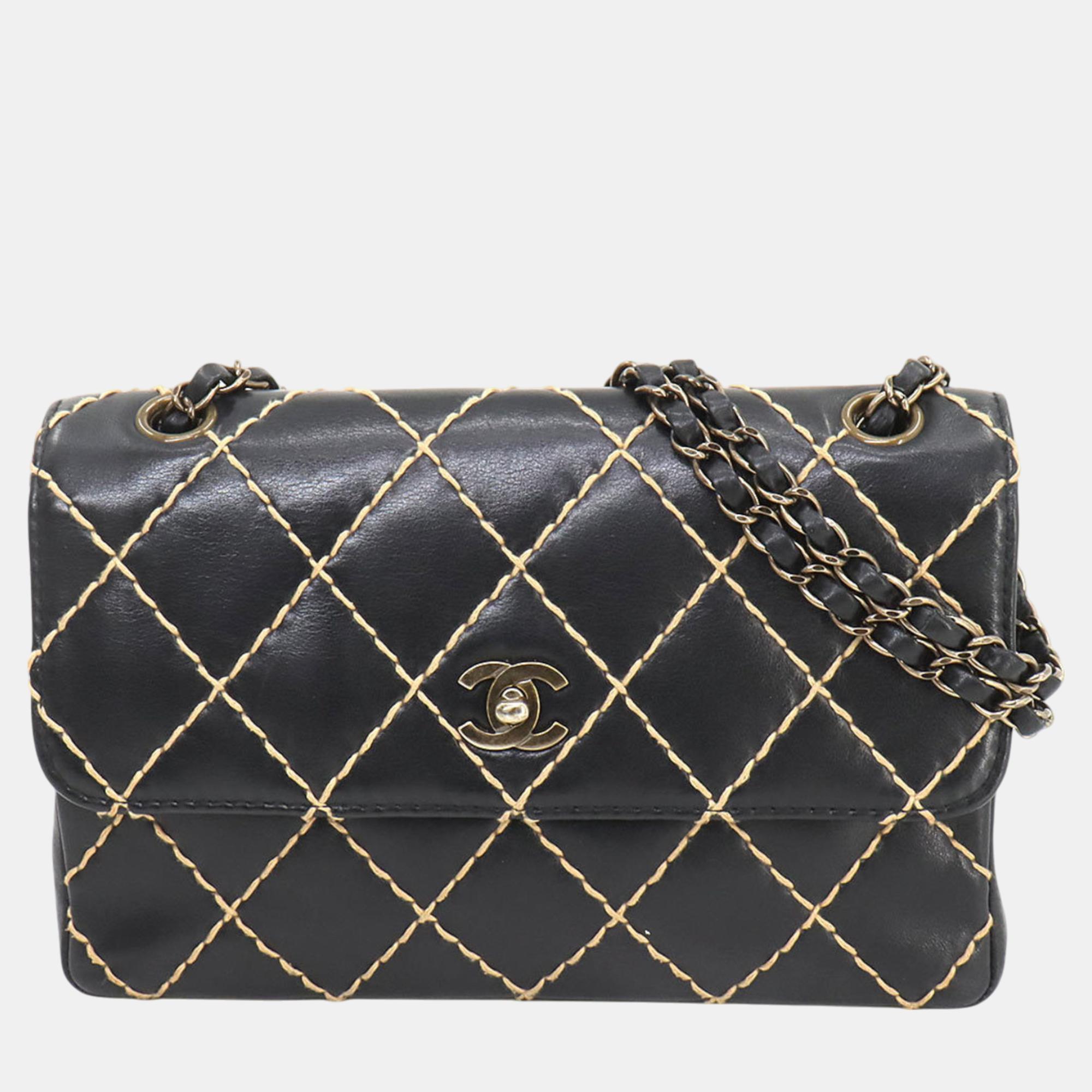 

Chanel Wild Stitch Chain Shoulder Bag Leather Black