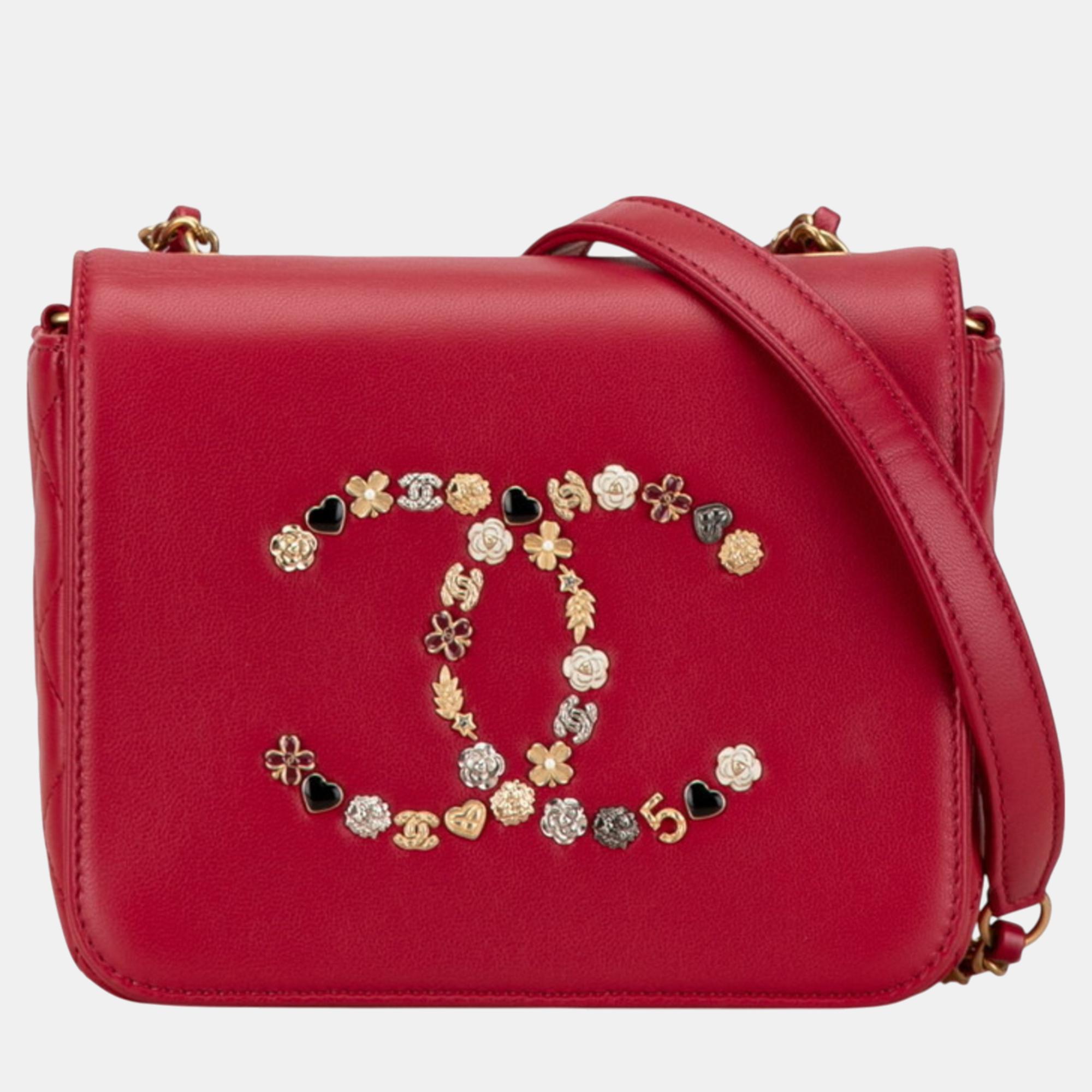 

Chanel Red Lambskin Leather Coco Mark Heart Flower Chain Shoulder Bag