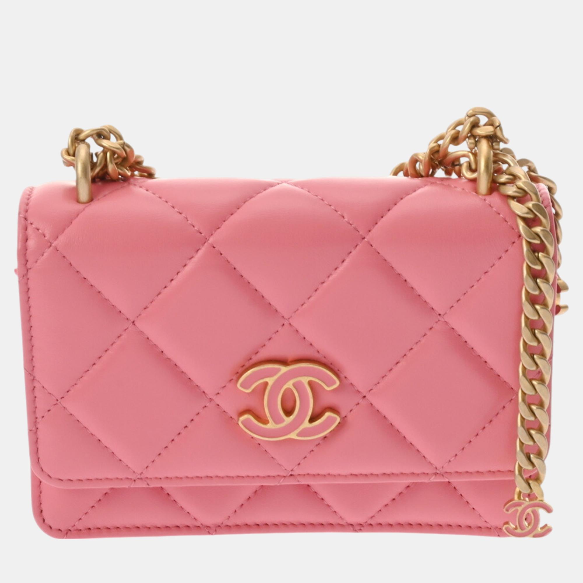 

Chanel Matelasse Chain Wallet Medium Size Pink Lambskin Shoulder Bag