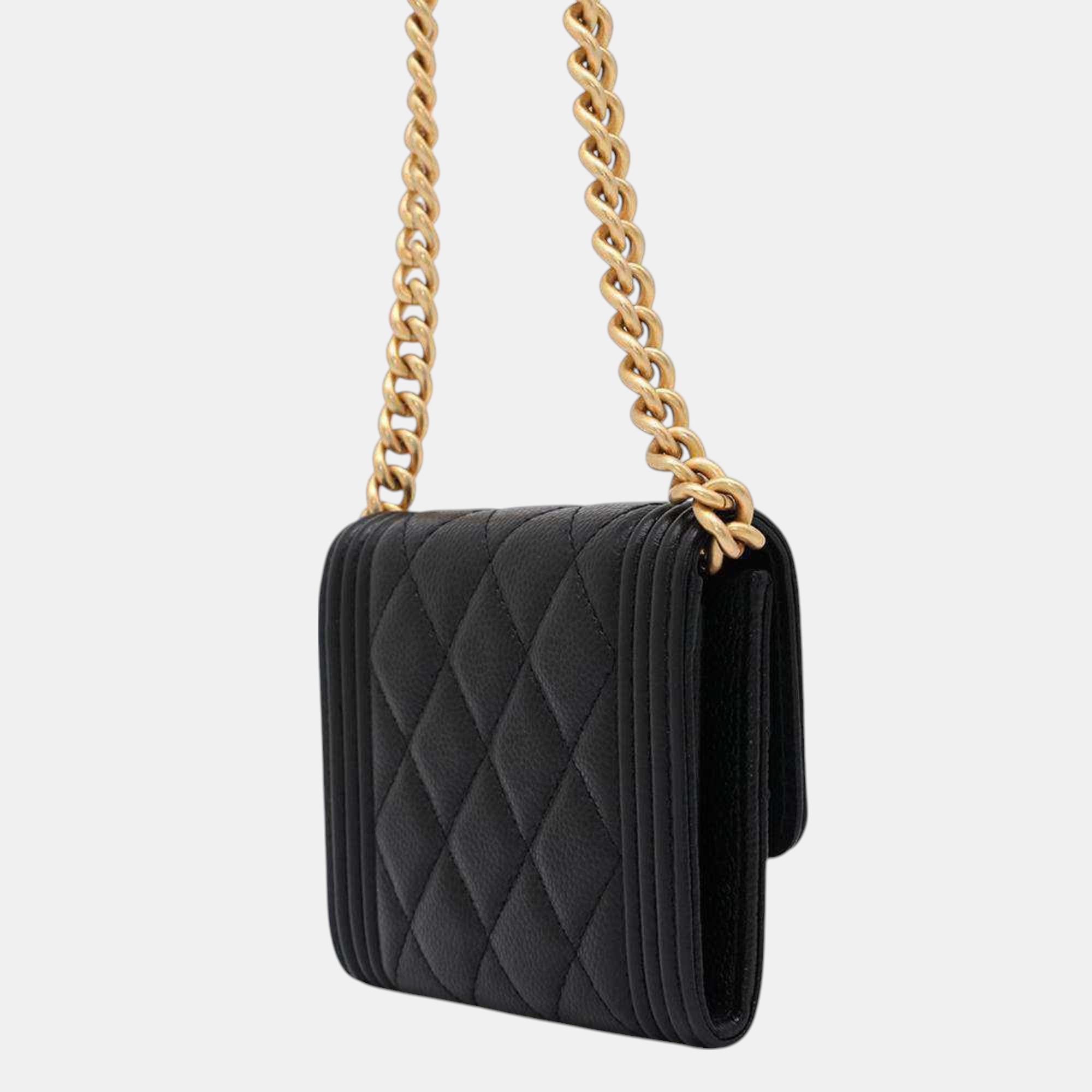 Chanel Chain Wallet Boy Matelasse Coco Mark Caviar Skin Black 