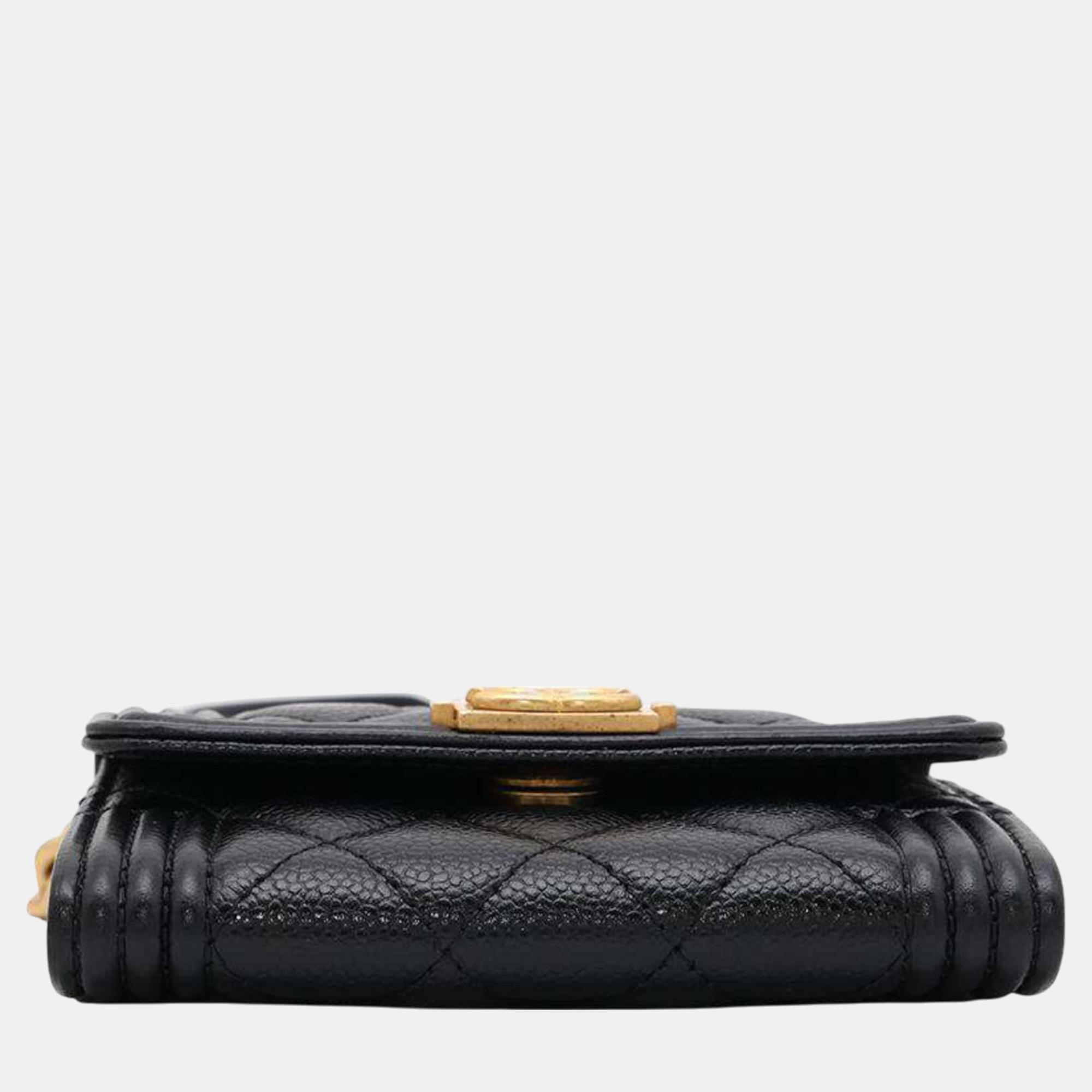 Chanel Chain Wallet Boy Matelasse Coco Mark Caviar Skin Black 