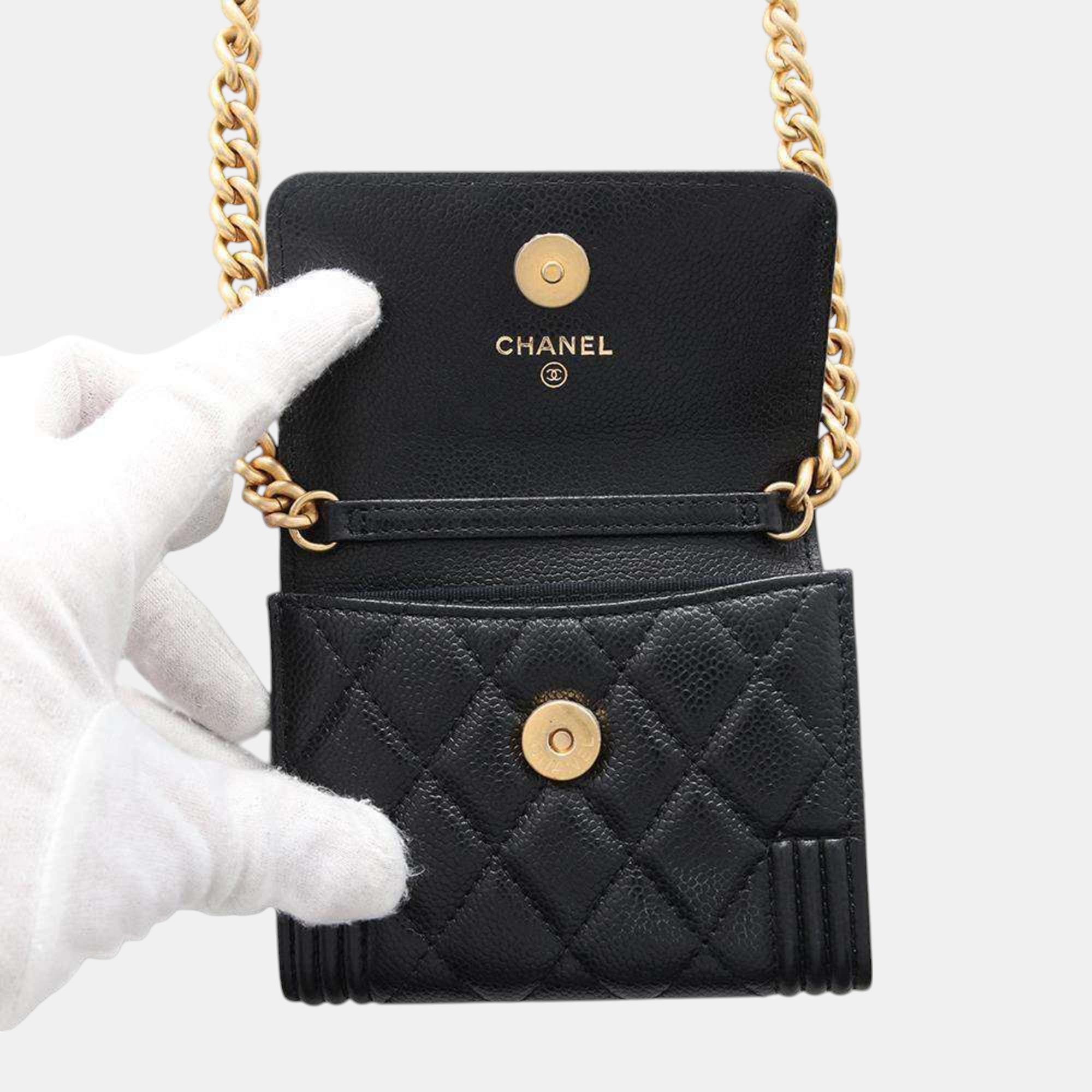 Chanel Chain Wallet Boy Matelasse Coco Mark Caviar Skin Black 