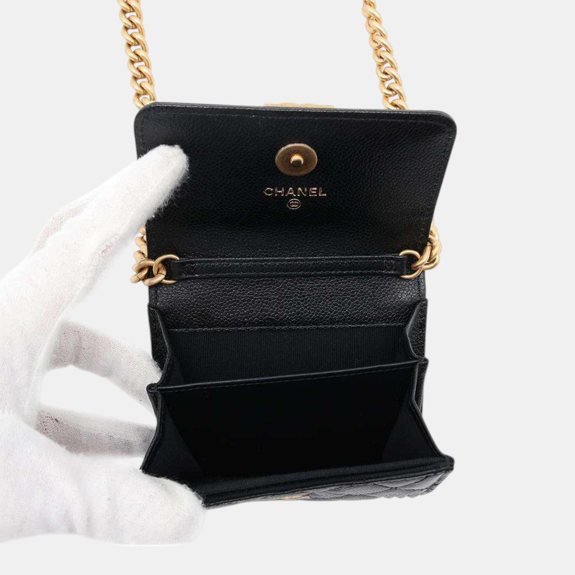 Chanel Chain Wallet Boy Matelasse Coco Mark Caviar Skin Black 