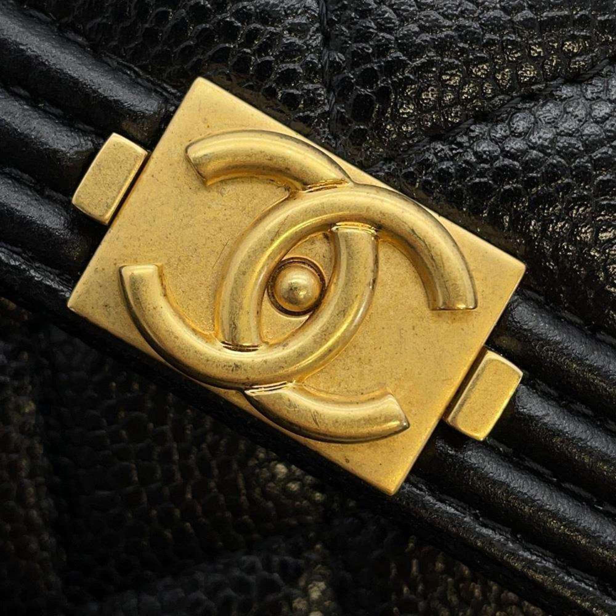 Chanel Chain Wallet Boy Matelasse Coco Mark Caviar Skin Black 