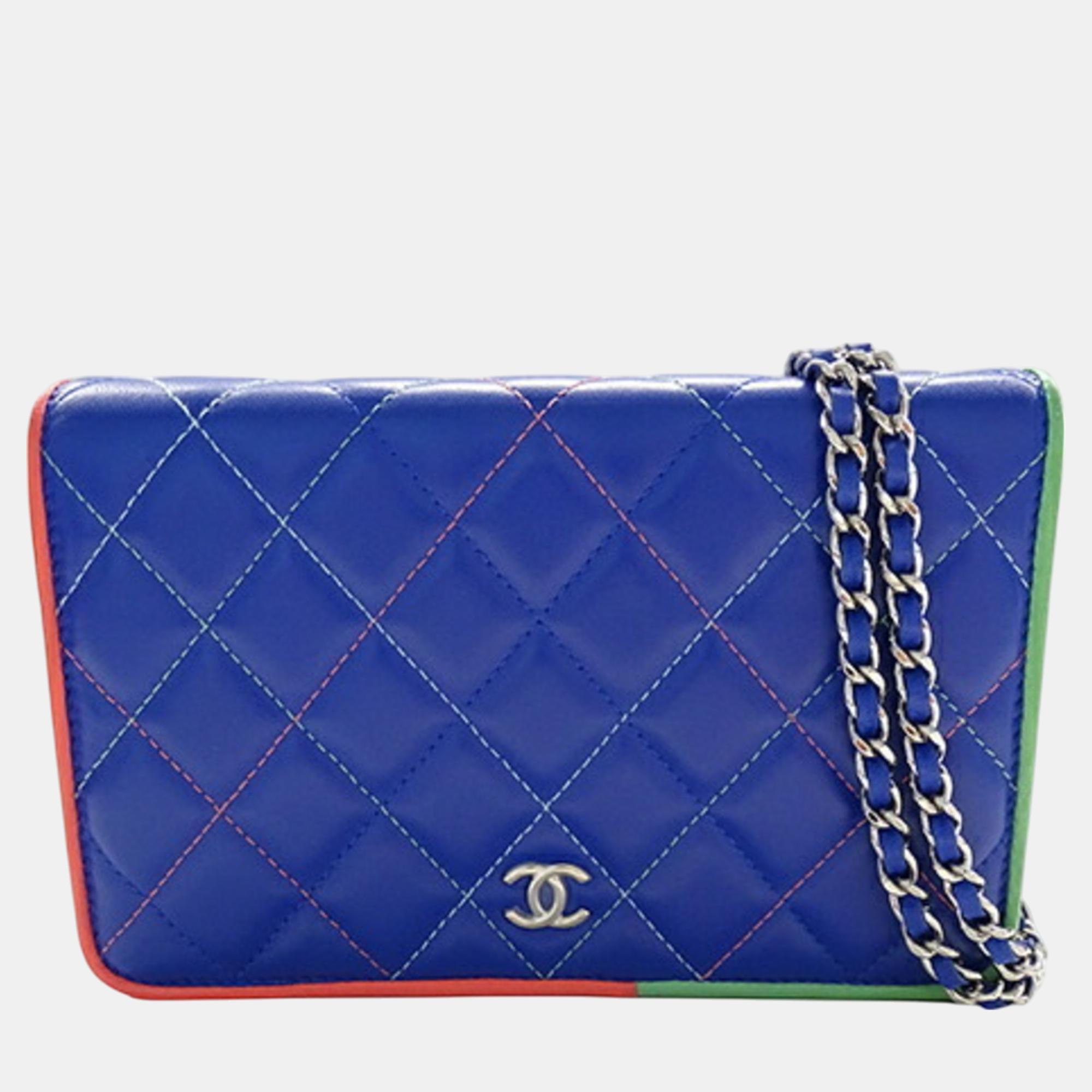 

Chanel Wallet Shoulder Wallet Bag Lambskin Matelasse Blue Coco Mark