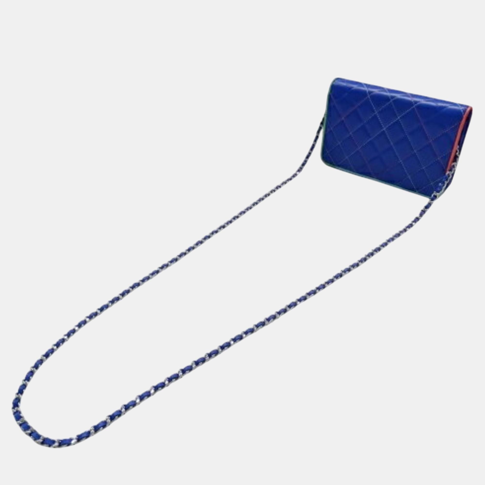 Chanel Wallet   Shoulder Wallet Bag Lambskin Matelasse Blue Coco Mark 