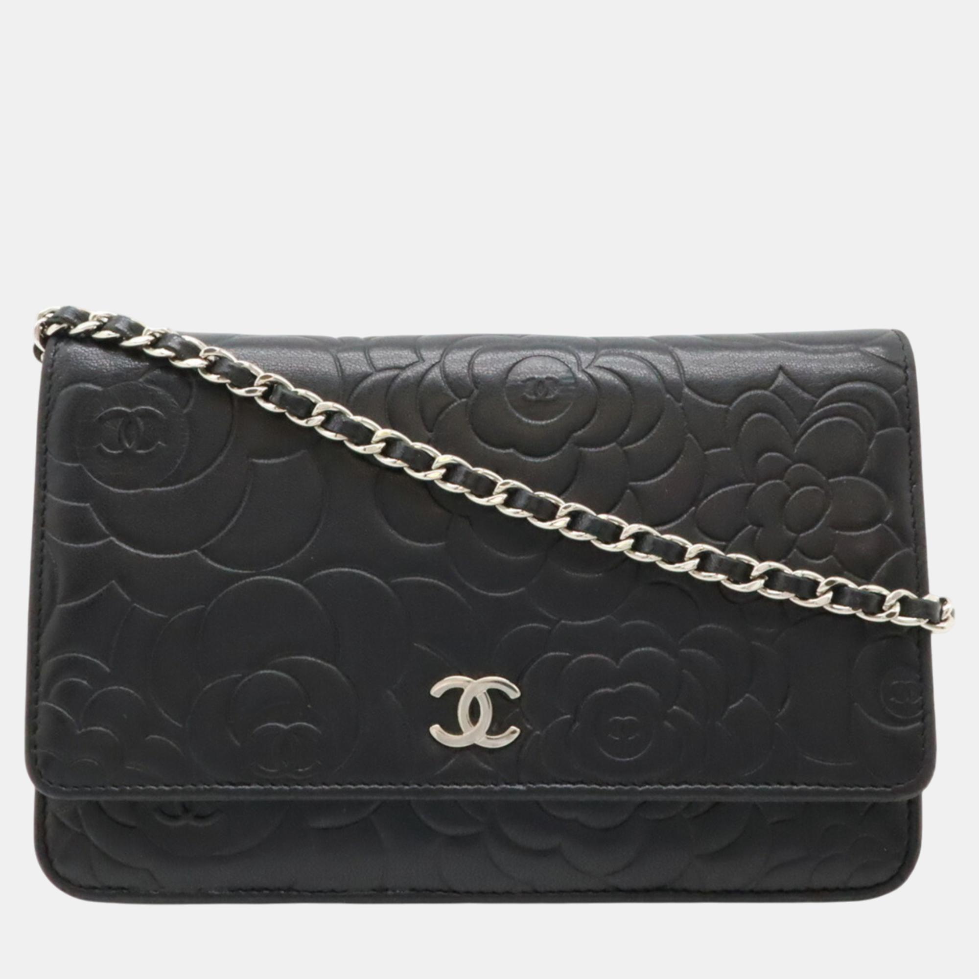 

Chanel Black Lambskin Leather Camellia Wallet On Chain