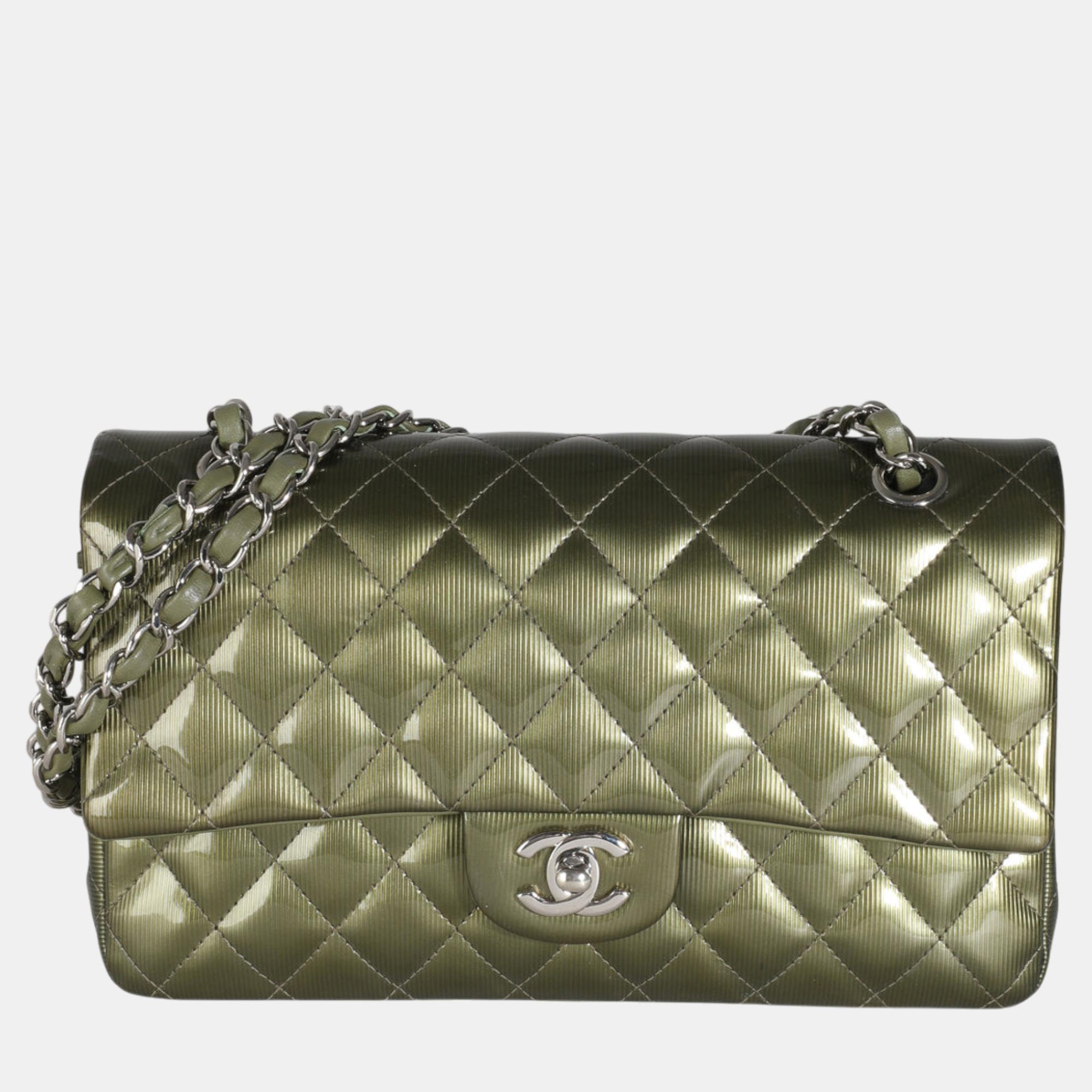 

Chanel Green Striated Quilted Patent Medium Classic Double Flap Bag