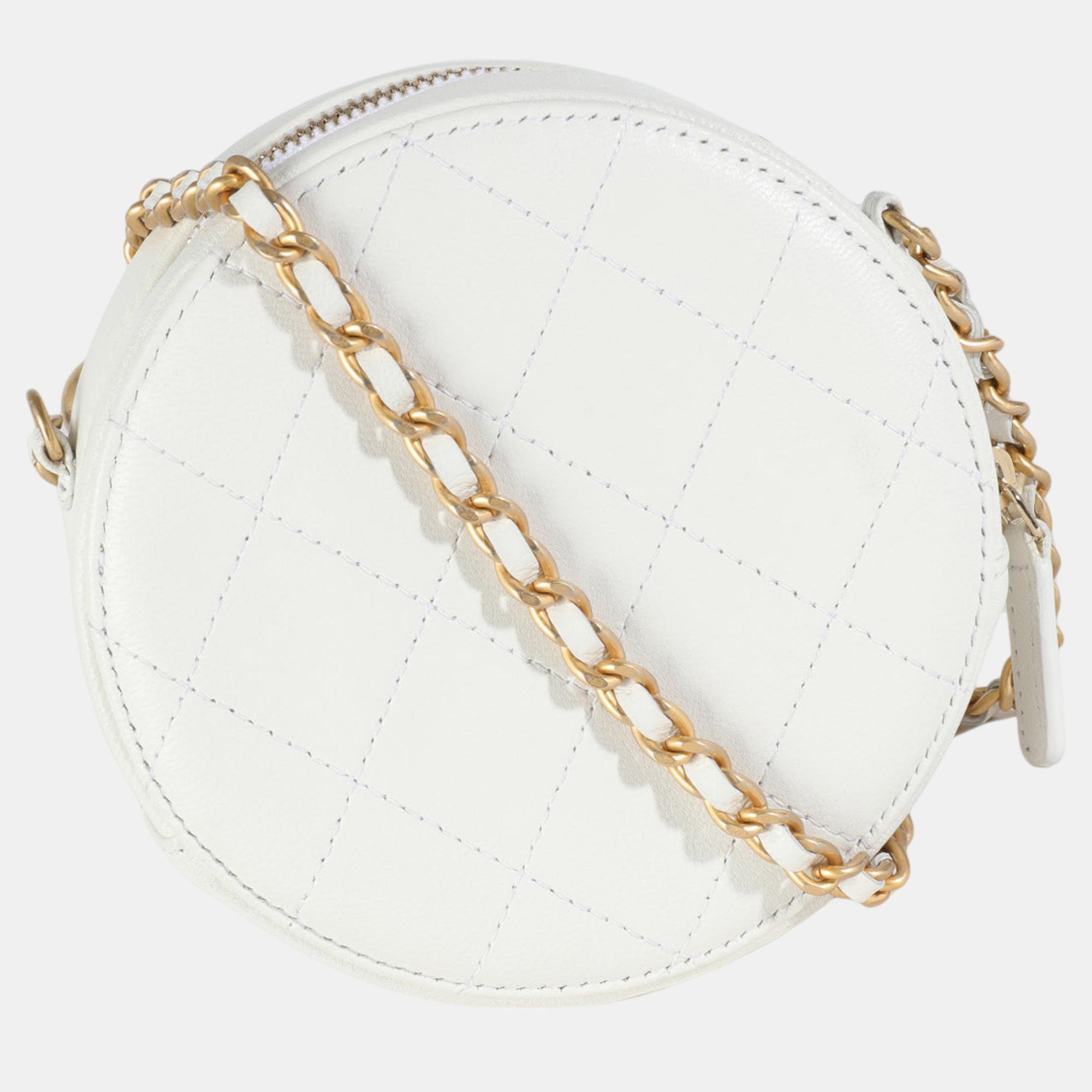 Chanel White Quilted Lambskin Pearl Round Clutch With Chain 
