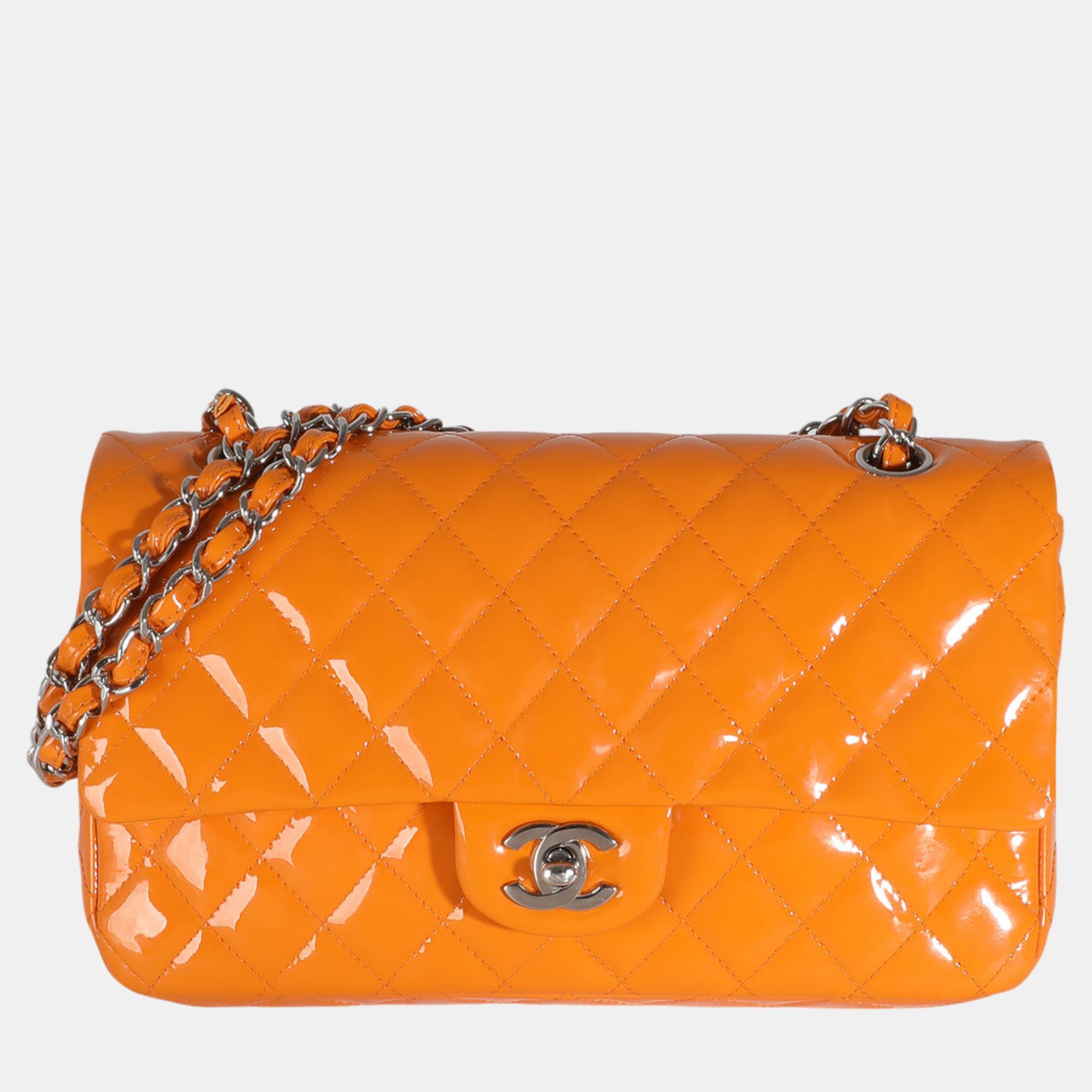 

Chanel Orange Quilted Patent Medium Classic Double Flap Bag