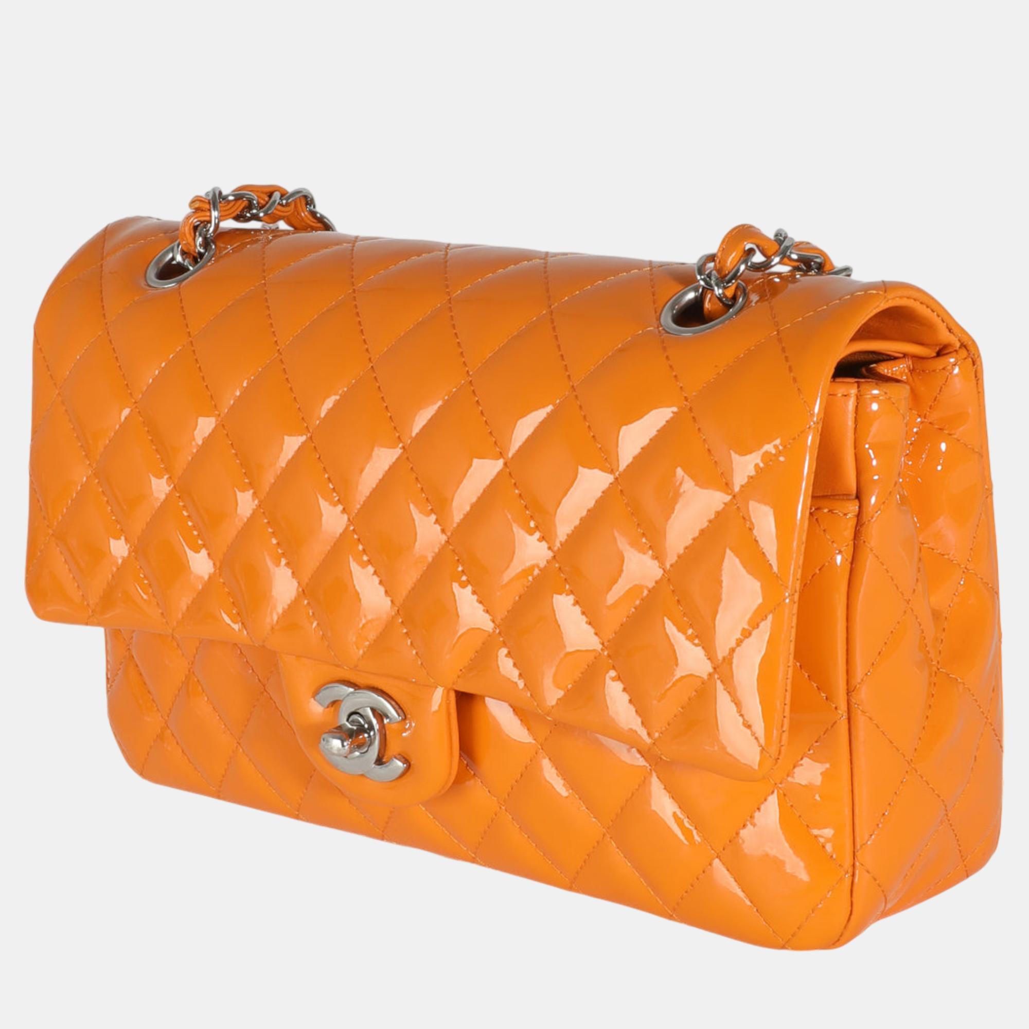 Chanel Orange Quilted Patent Medium Classic Double Flap Bag 