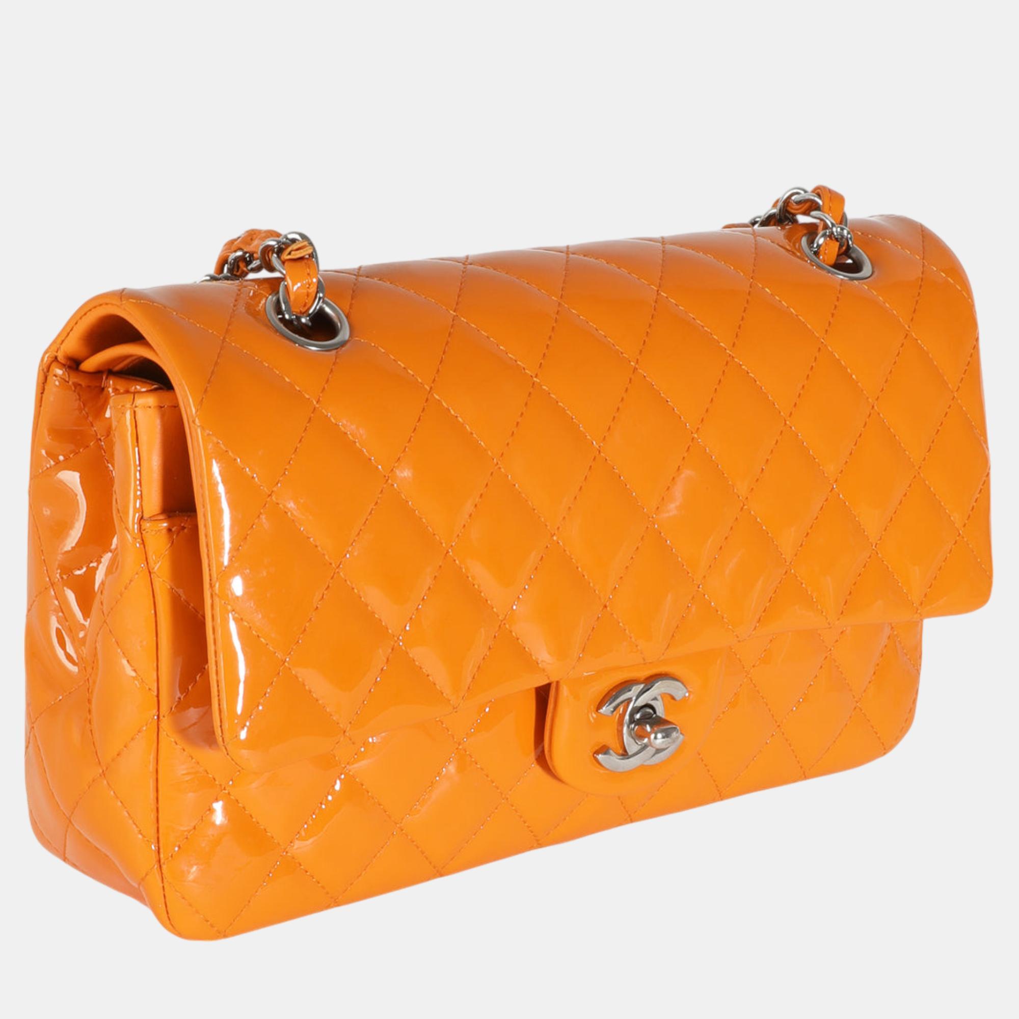 Chanel Orange Quilted Patent Medium Classic Double Flap Bag 