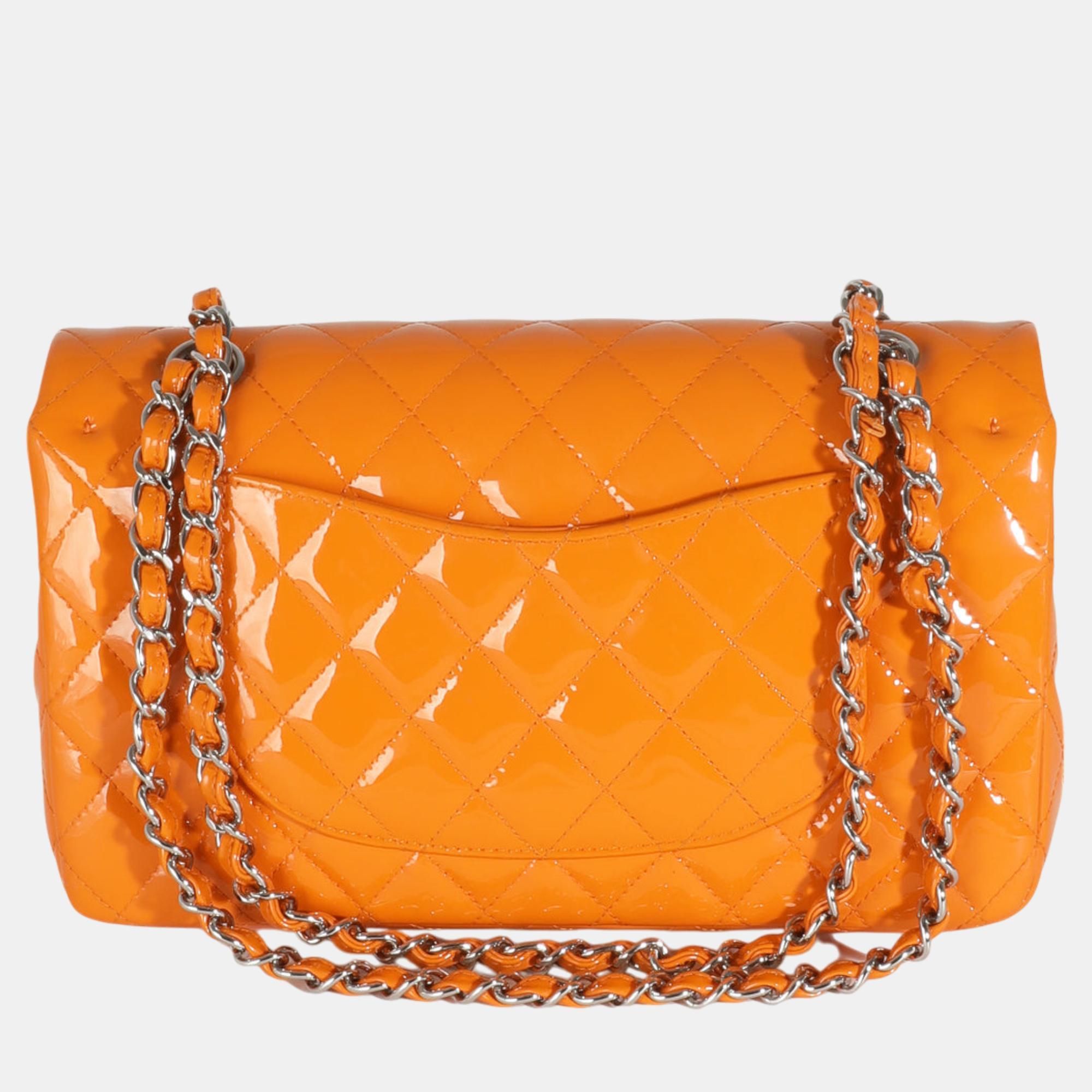 Chanel Orange Quilted Patent Medium Classic Double Flap Bag 