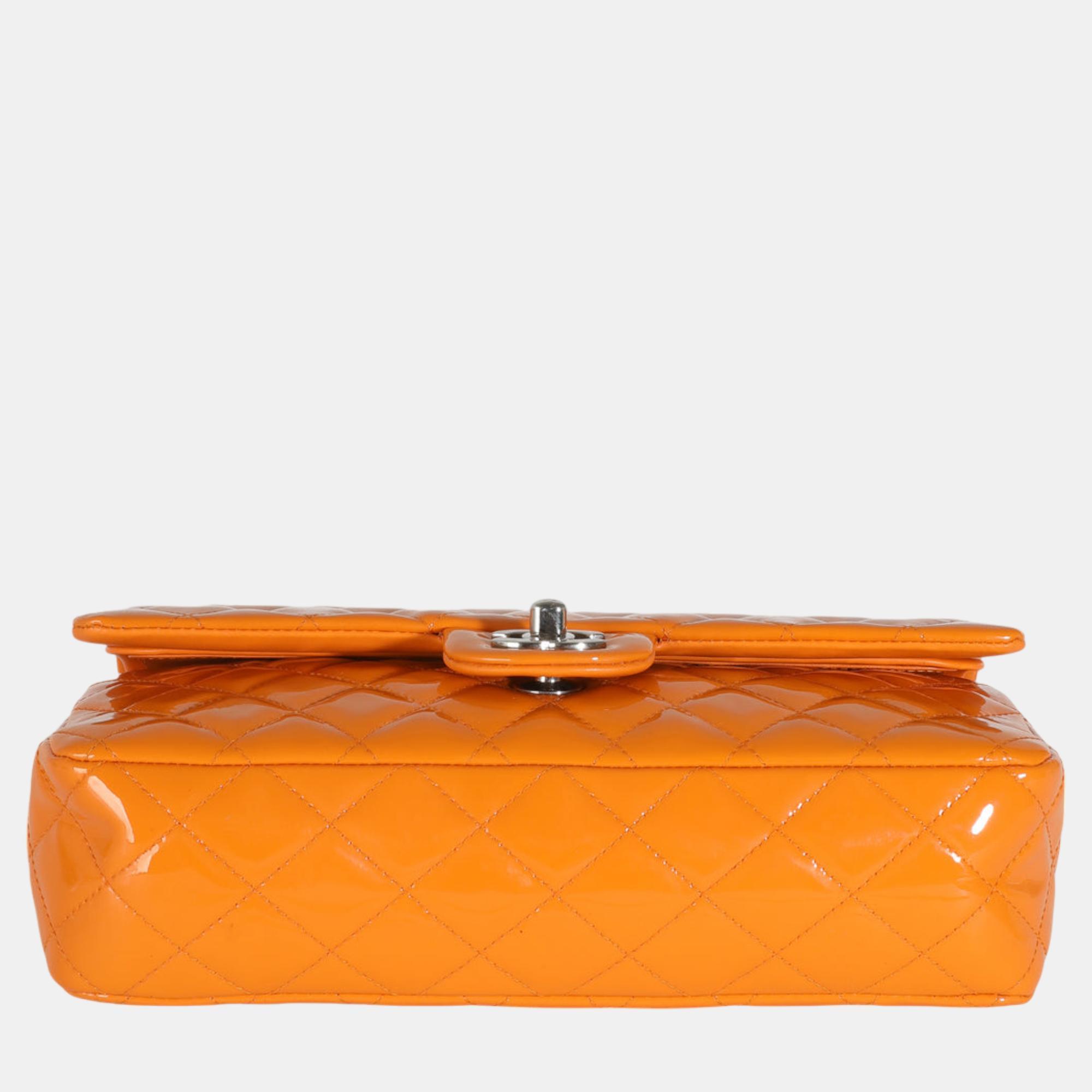 Chanel Orange Quilted Patent Medium Classic Double Flap Bag 