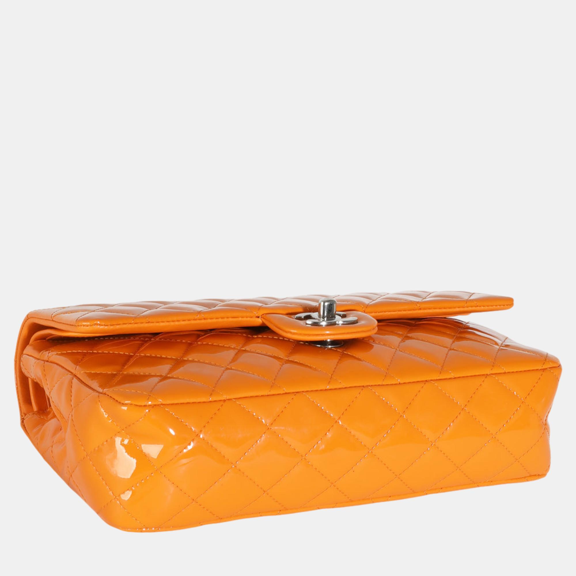 Chanel Orange Quilted Patent Medium Classic Double Flap Bag 