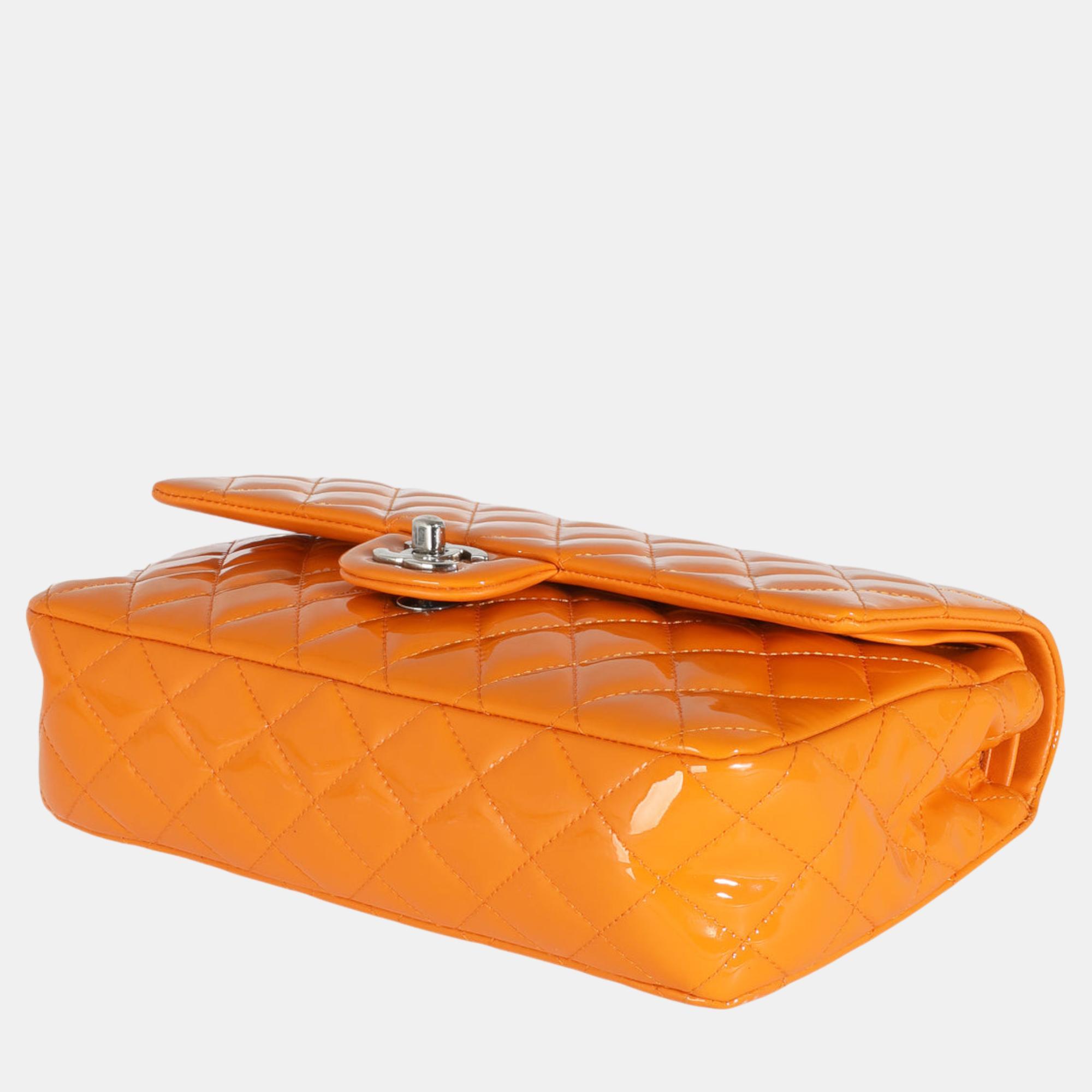 Chanel Orange Quilted Patent Medium Classic Double Flap Bag 