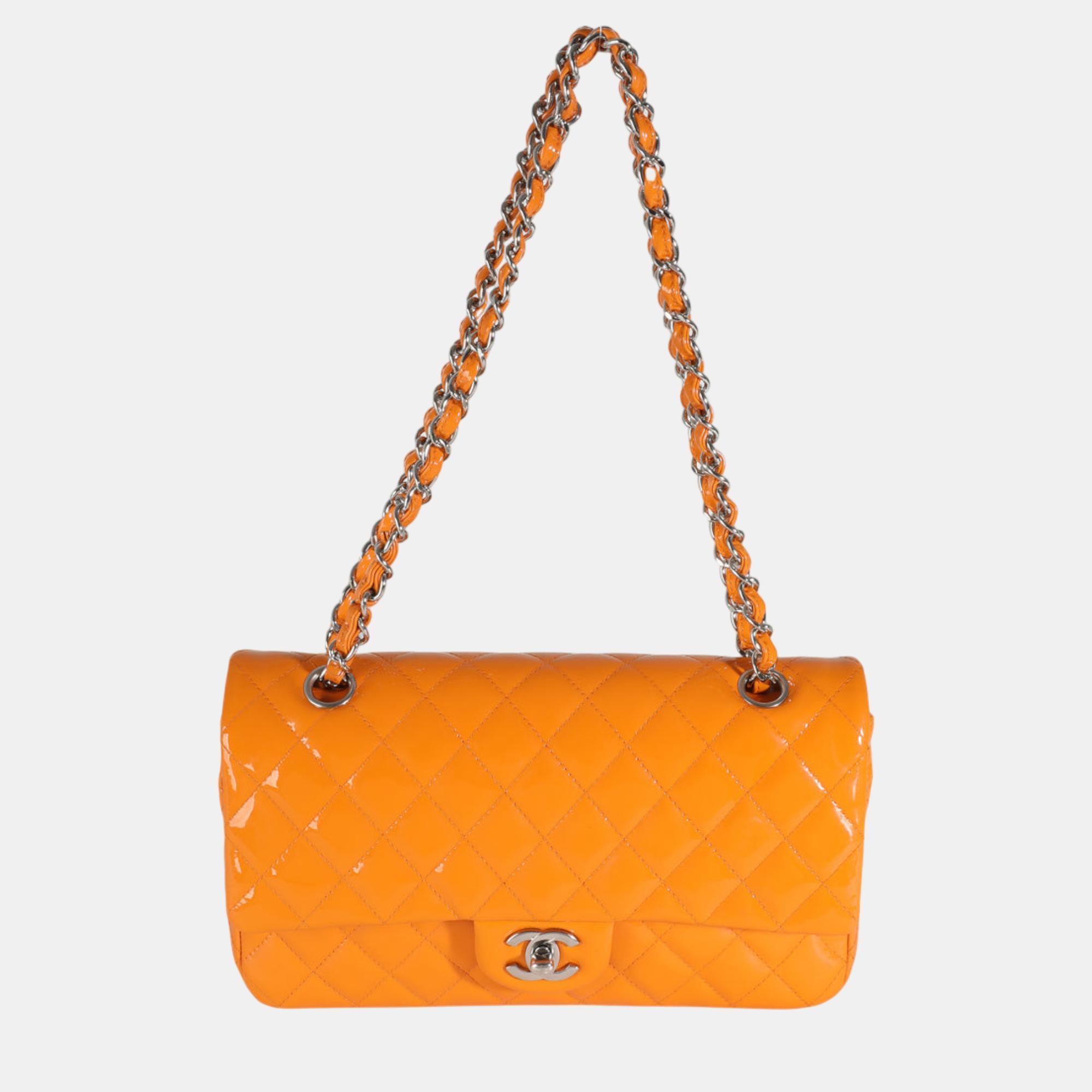 Chanel Orange Quilted Patent Medium Classic Double Flap Bag 