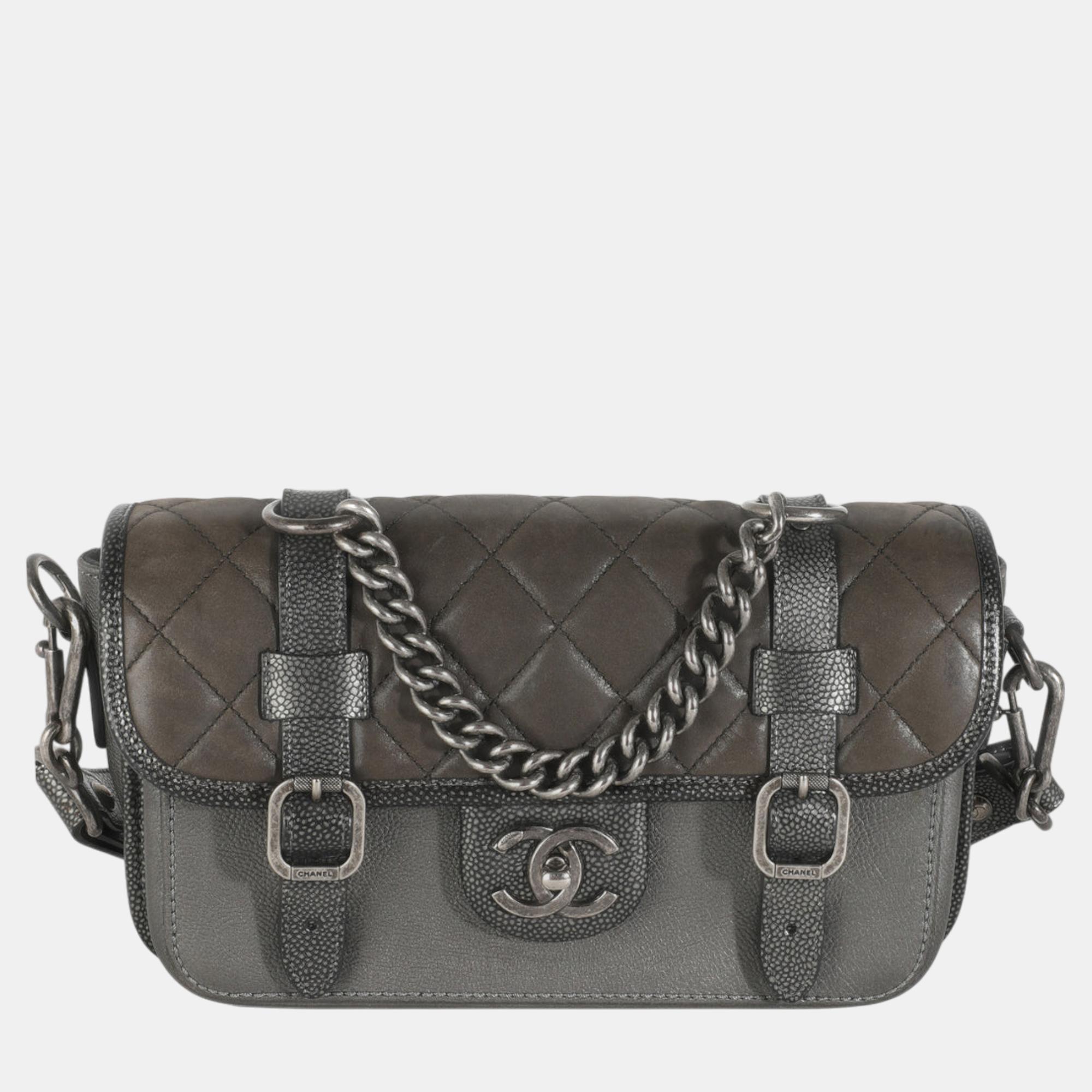 

Chanel Dark Grey Iridescent Calfskin Back To School Messenger Flap Bag