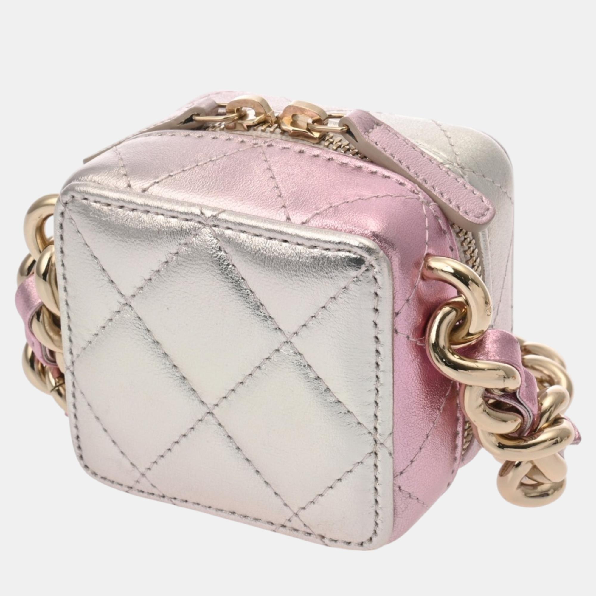 Chanel Matelasse Chain Bag Silver/Pink Lambskin Shoulder 