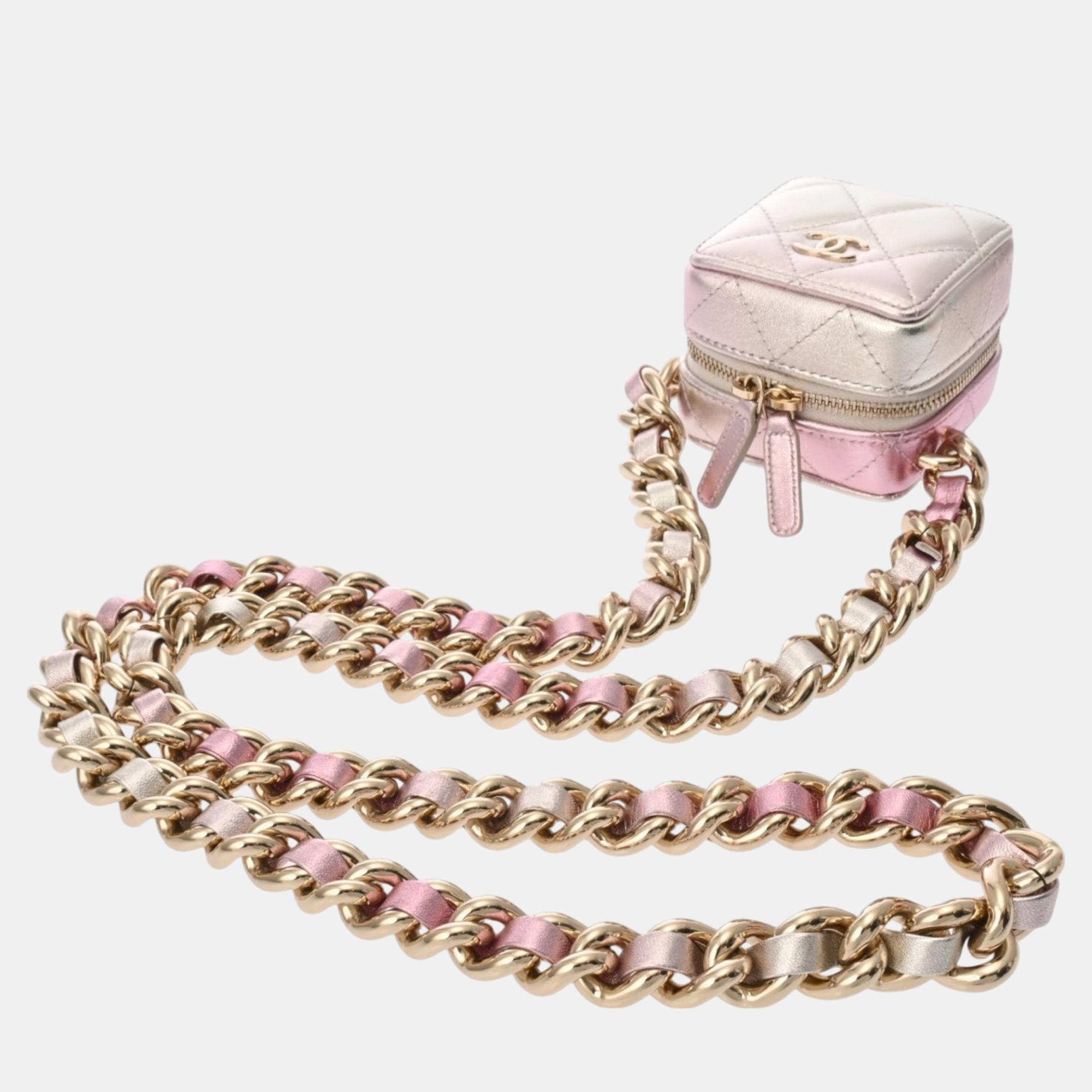 Chanel Matelasse Chain Bag Silver/Pink Lambskin Shoulder 