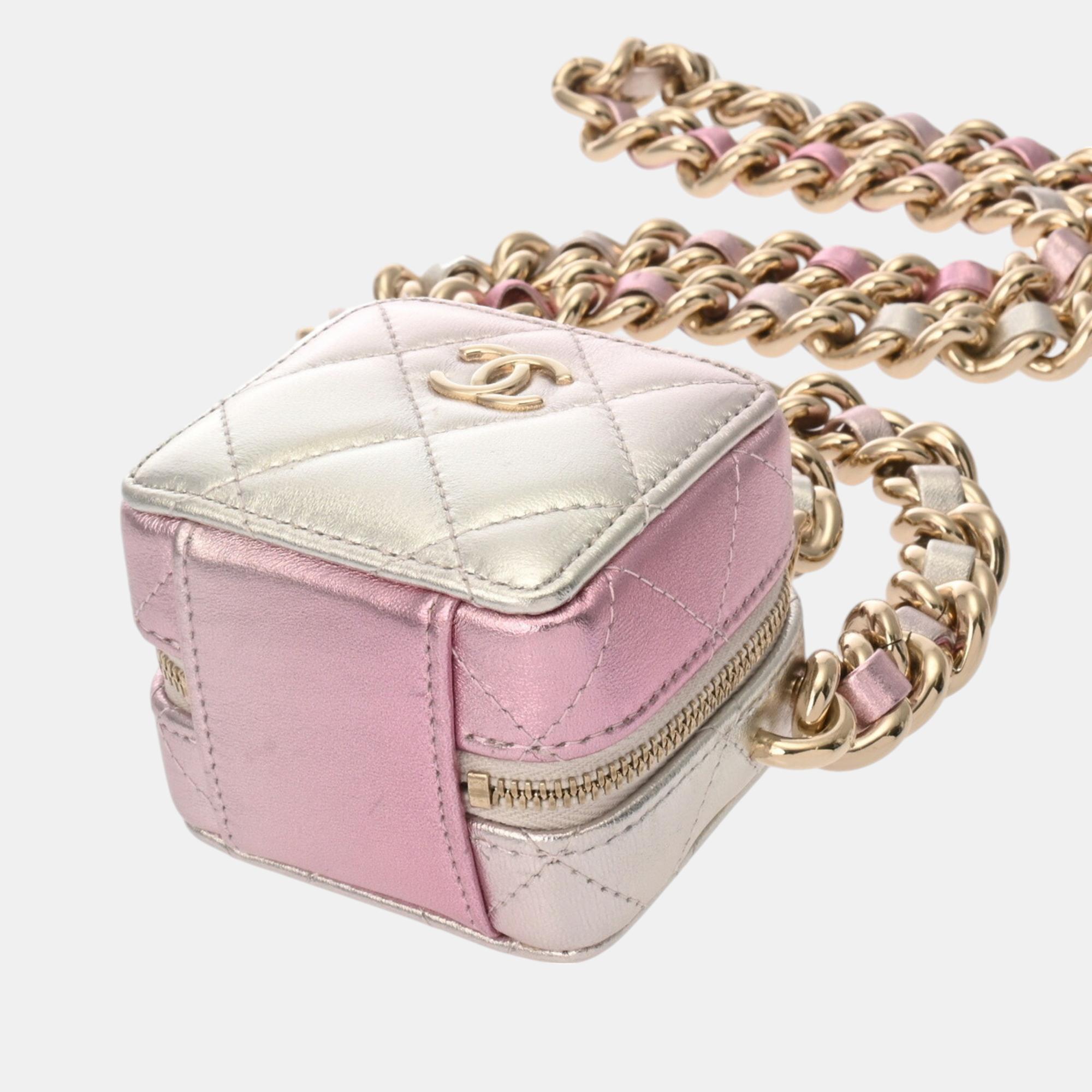 Chanel Matelasse Chain Bag Silver/Pink Lambskin Shoulder 