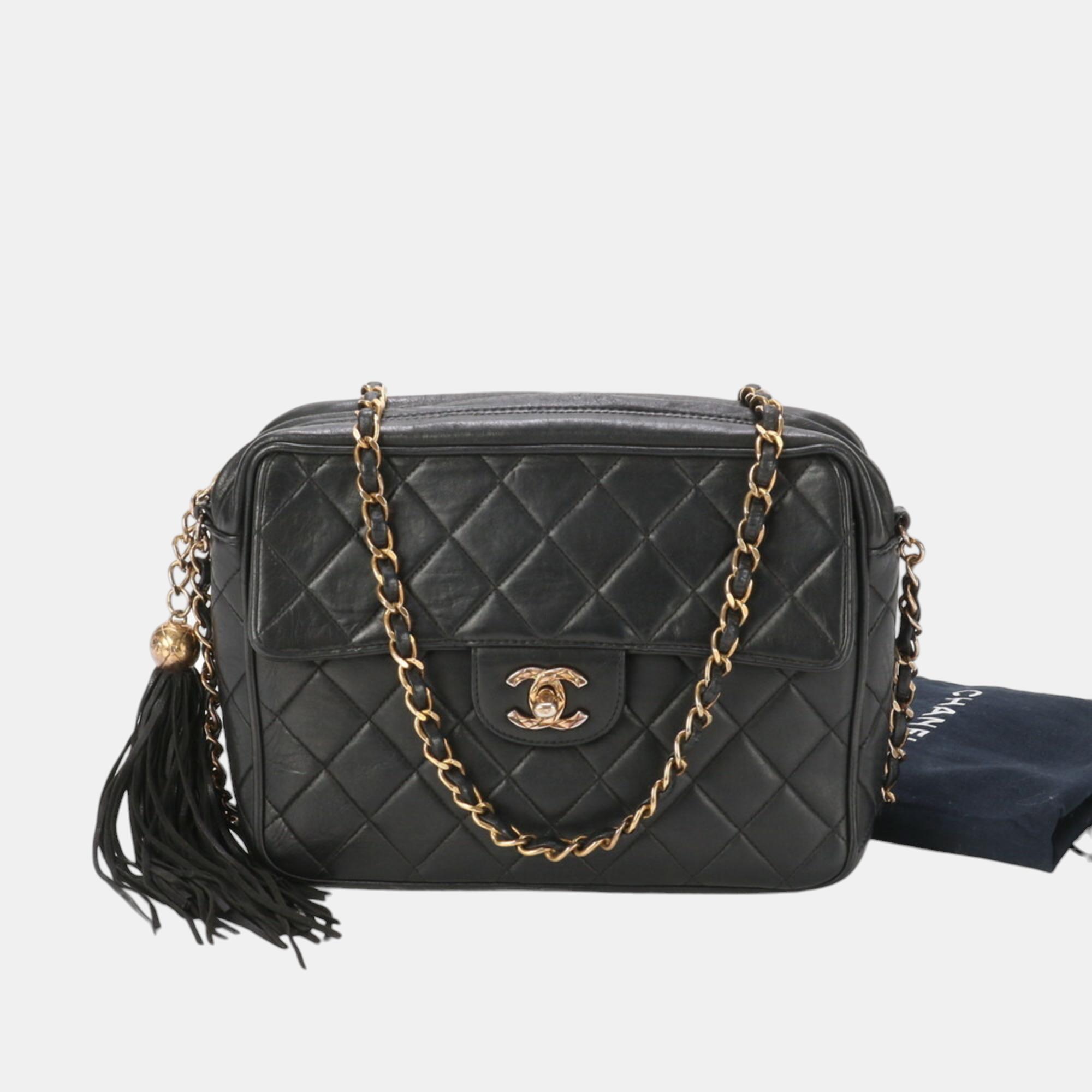 

Chanel Matelasse Lambskin Leather Chain Shoulder Bag Coco Mark Handbag Tote, Black