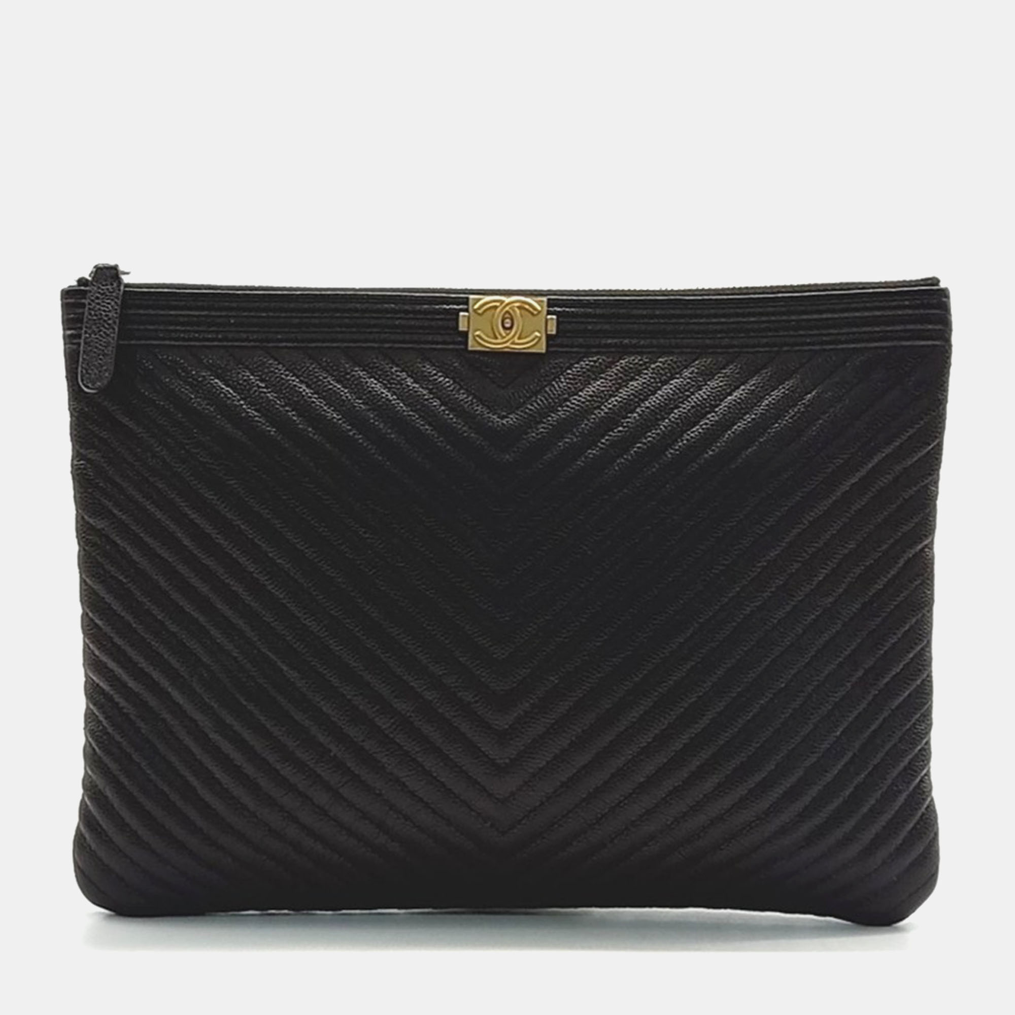 

Chanel Black Leather Chevron Boy New Medium Clutch