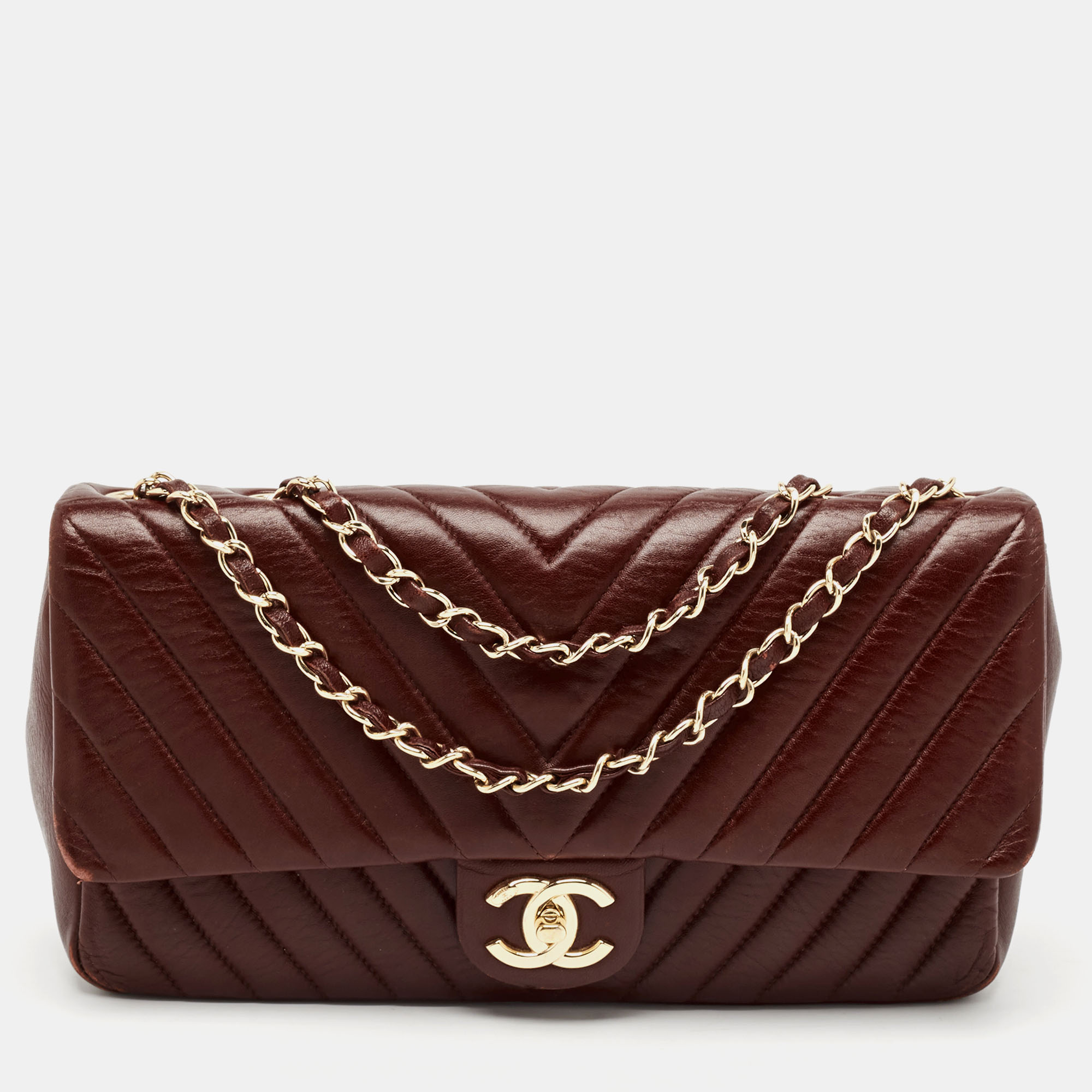 

Chanel Burgundy Surpique Chevron Leather  Single Flap Bag