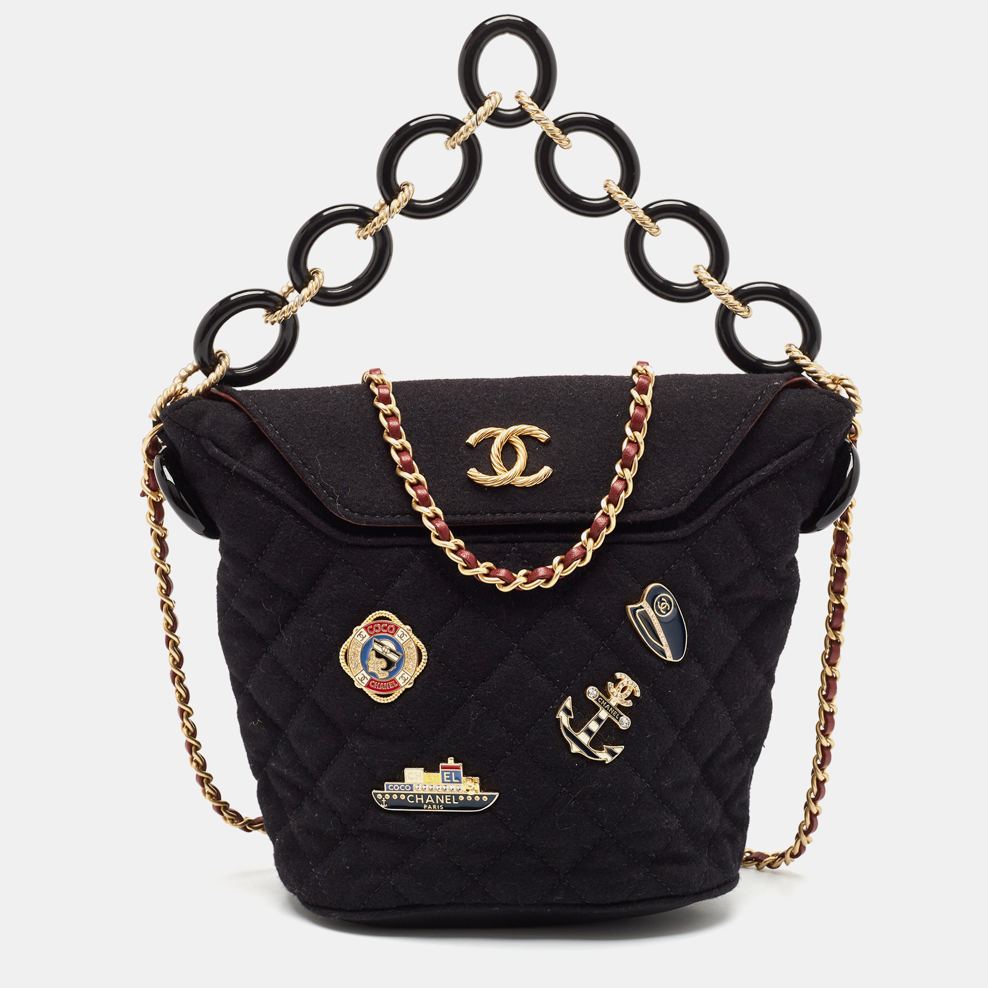 

Chanel Black Quilted Wood Hamburg Bucket Bag