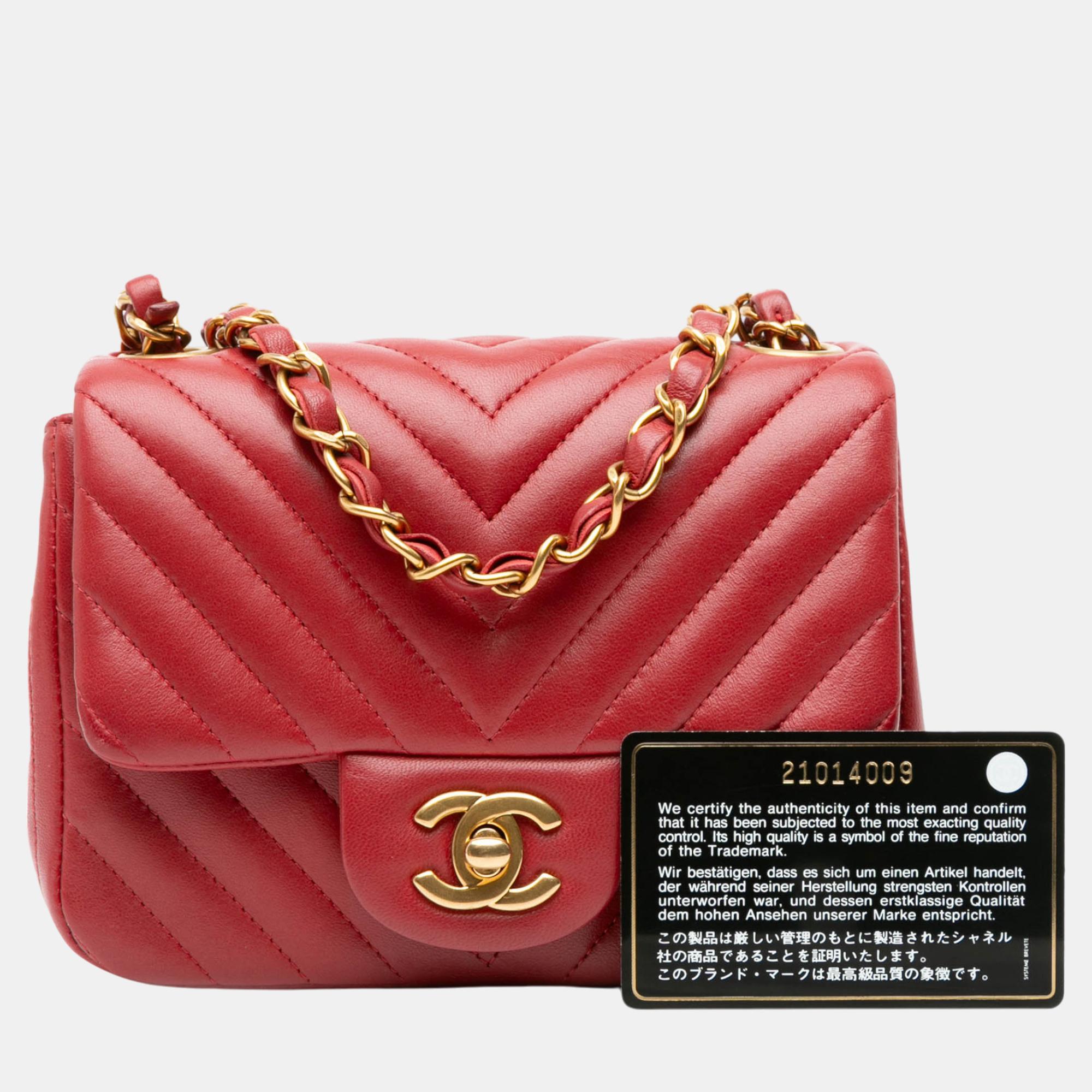 Chanel Red Mini Square Classic Chevron Lambskin Single Flap 