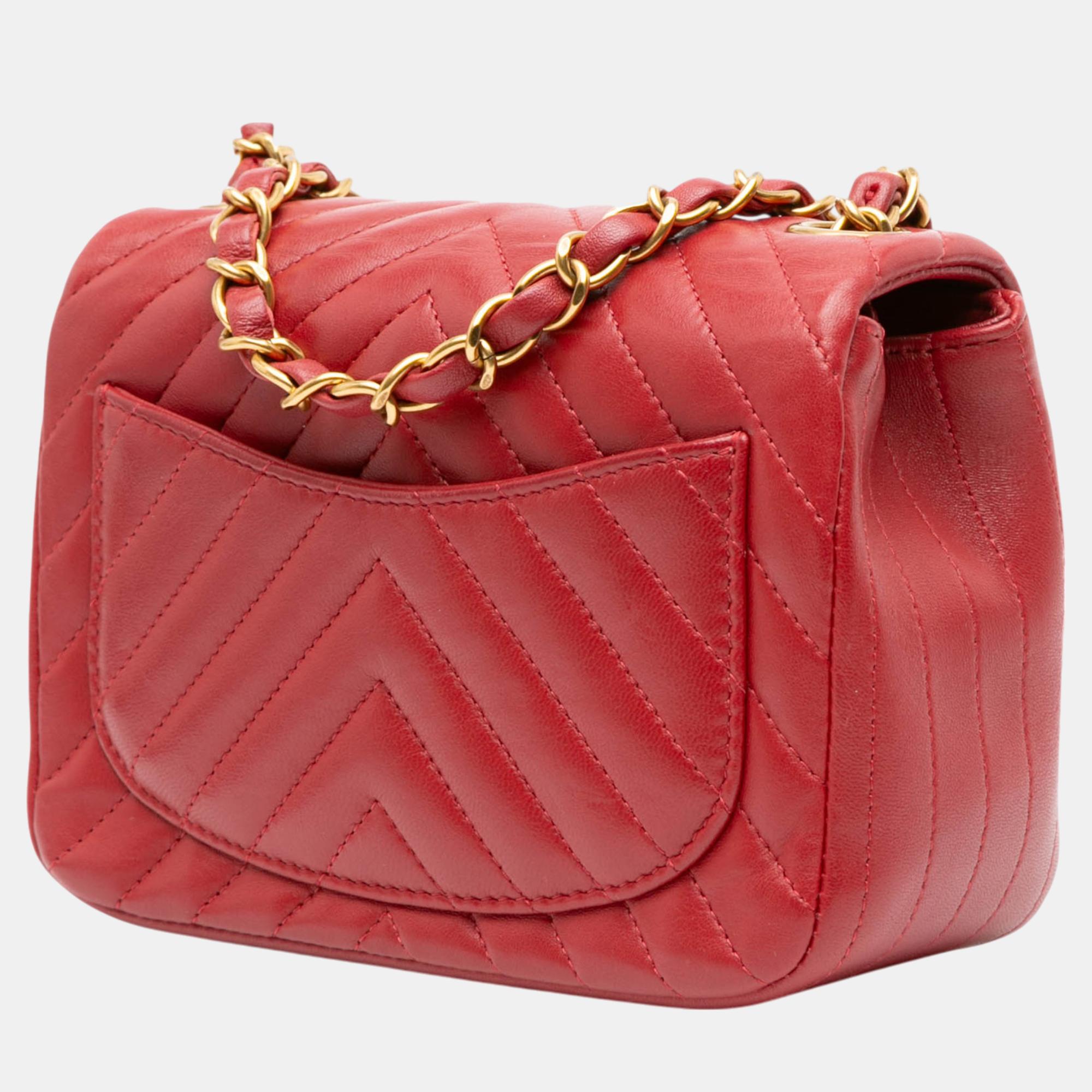 Chanel Red Mini Square Classic Chevron Lambskin Single Flap 