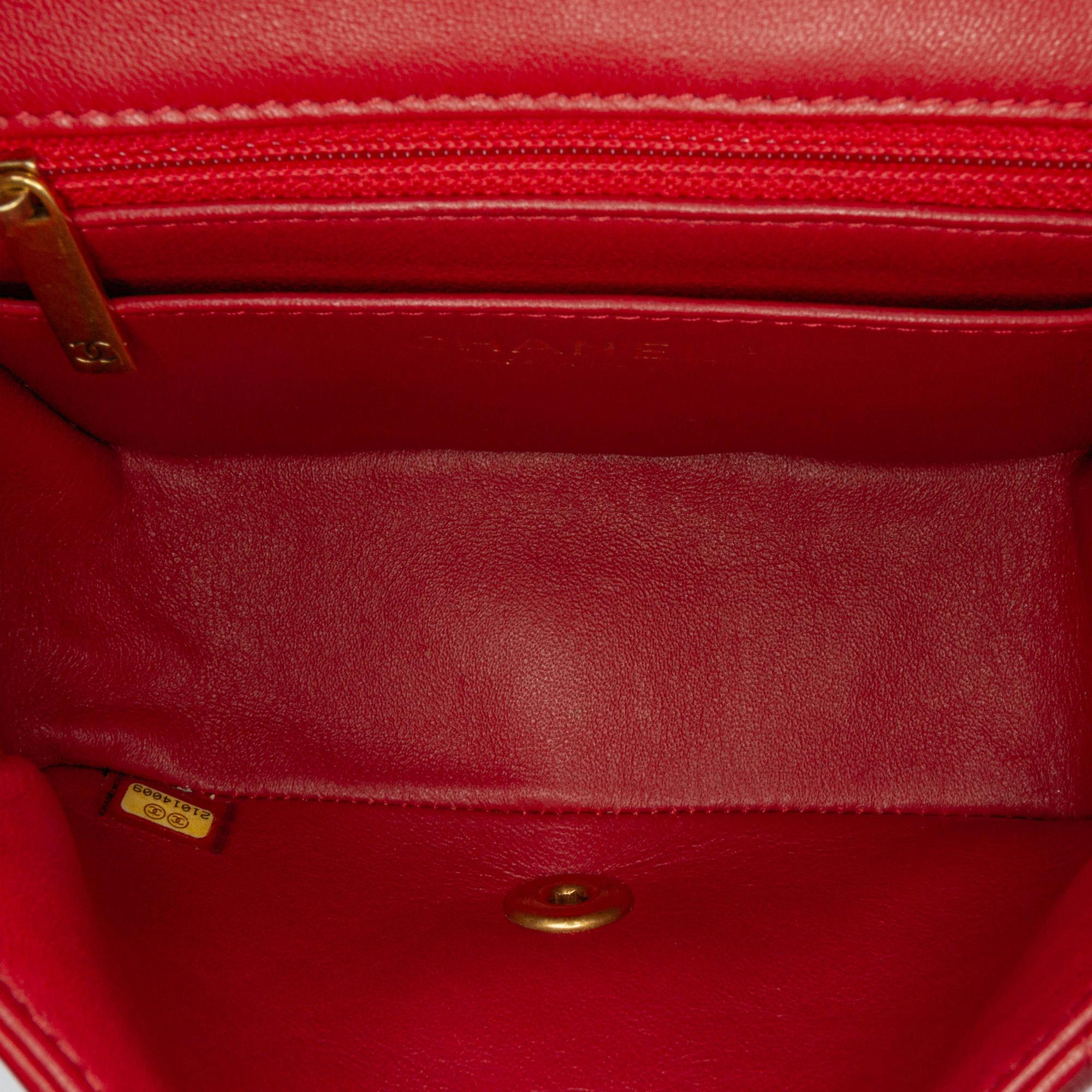 Chanel Red Mini Square Classic Chevron Lambskin Single Flap 
