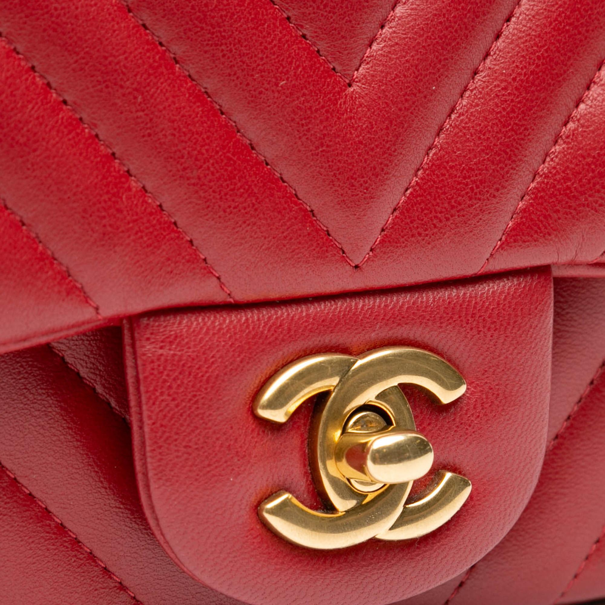 Chanel Red Mini Square Classic Chevron Lambskin Single Flap 