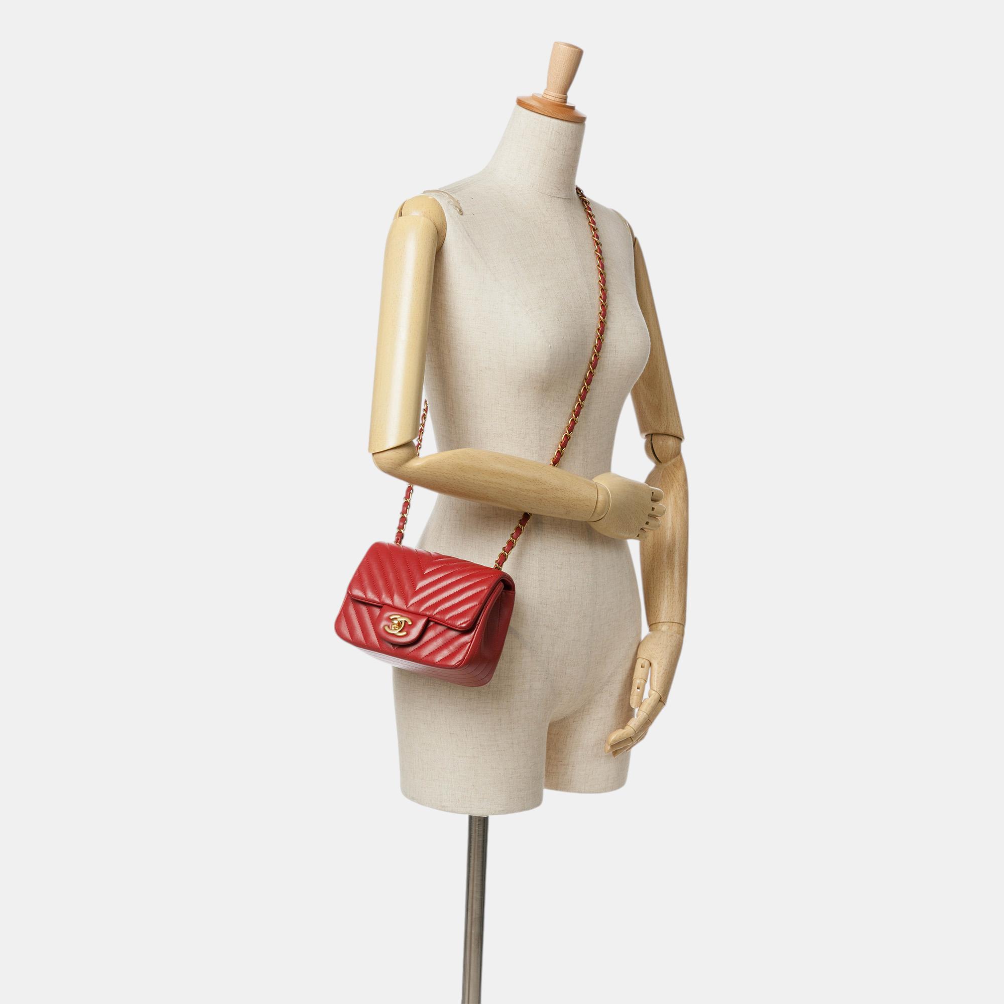 Chanel Red Mini Square Classic Chevron Lambskin Single Flap 