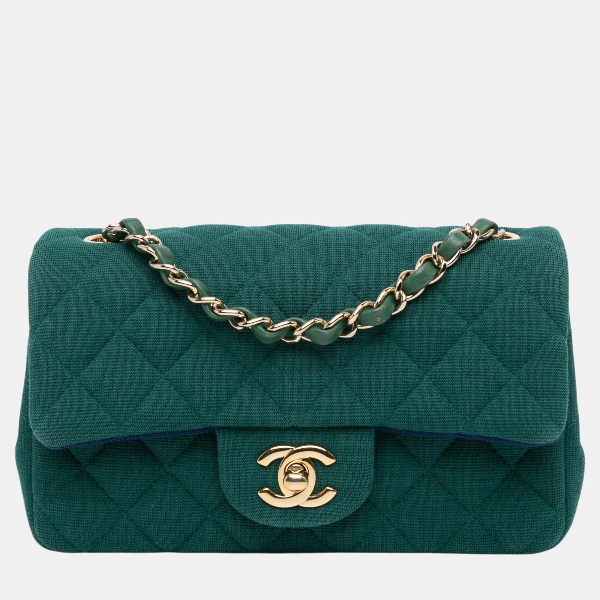 

Chanel Green Mini Rectangular Classic Jersey Single Flap