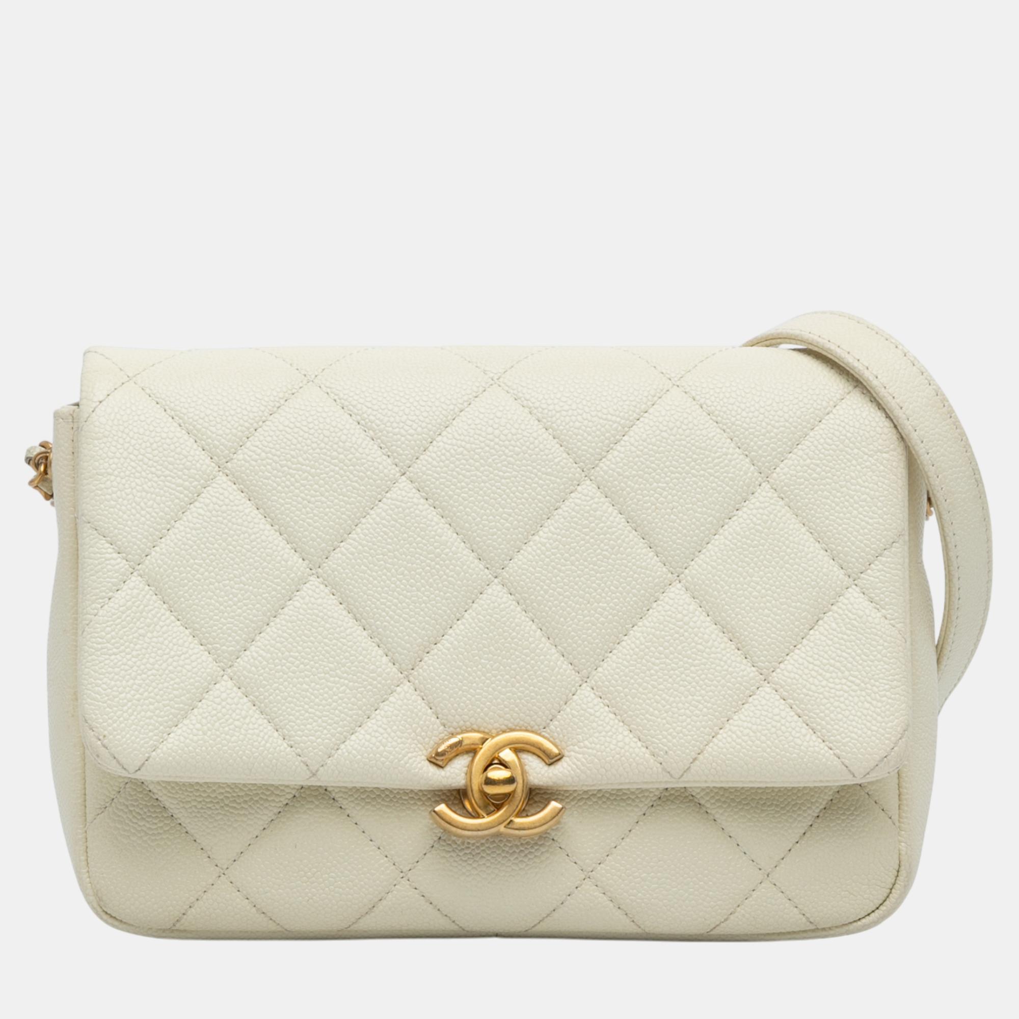 

Chanel White Small Quilted Caviar Chain Melody Flap