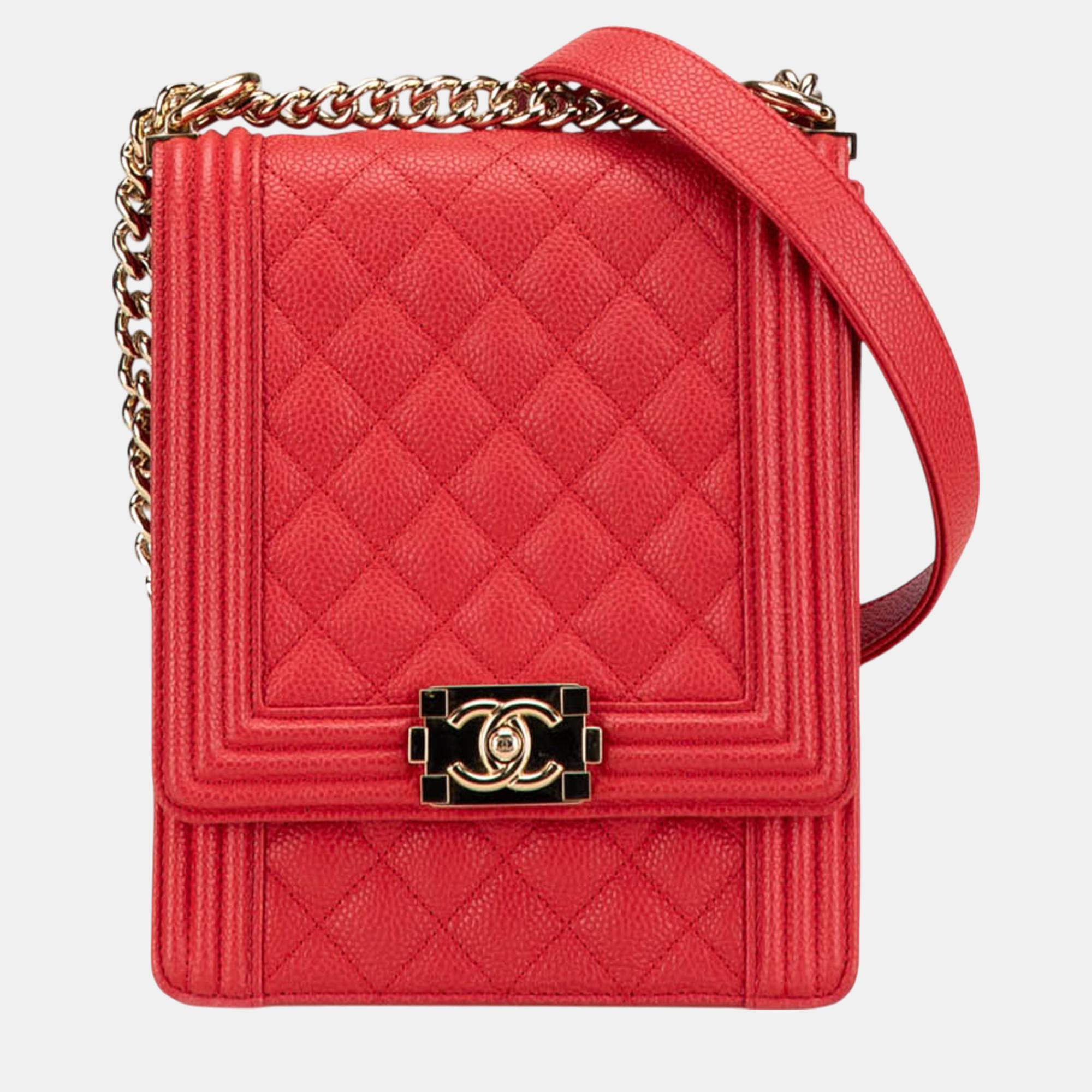 

Chanel Red Quilted Caviar North South Boy Flap