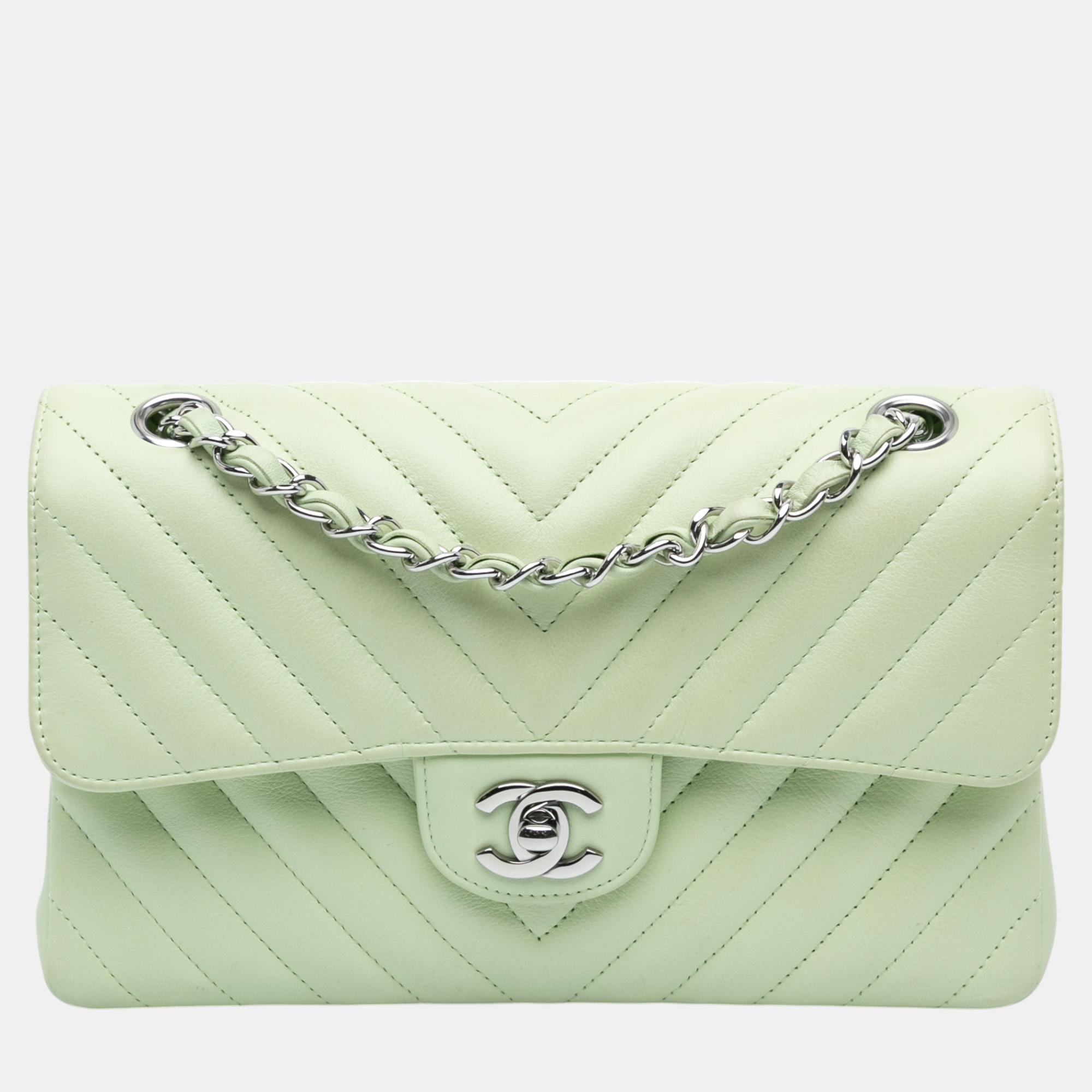 

Chanel Green Small Classic Chevron Lambskin Double Flap