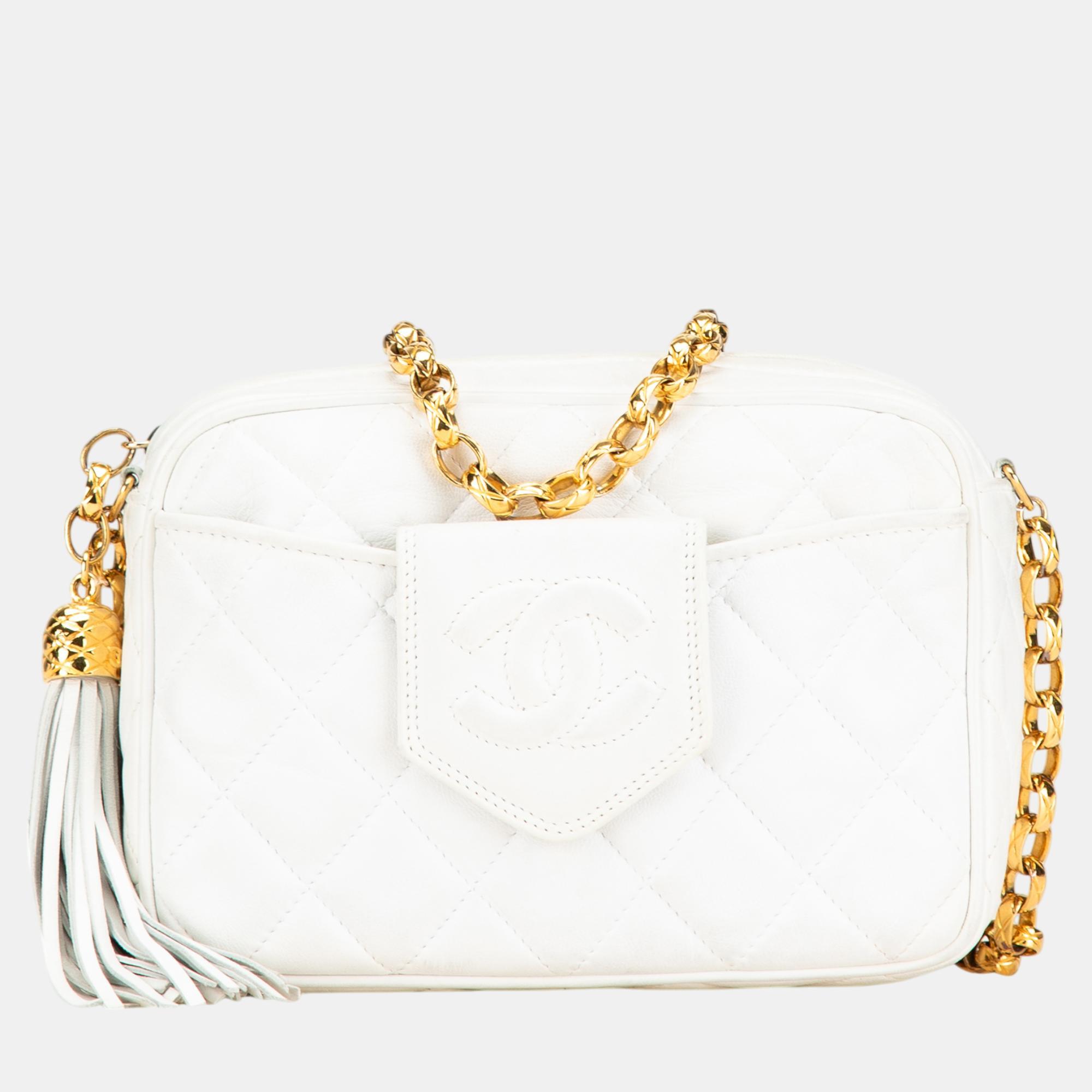 

Chanel White CC Quilted Lambskin Tassel Camera Bag