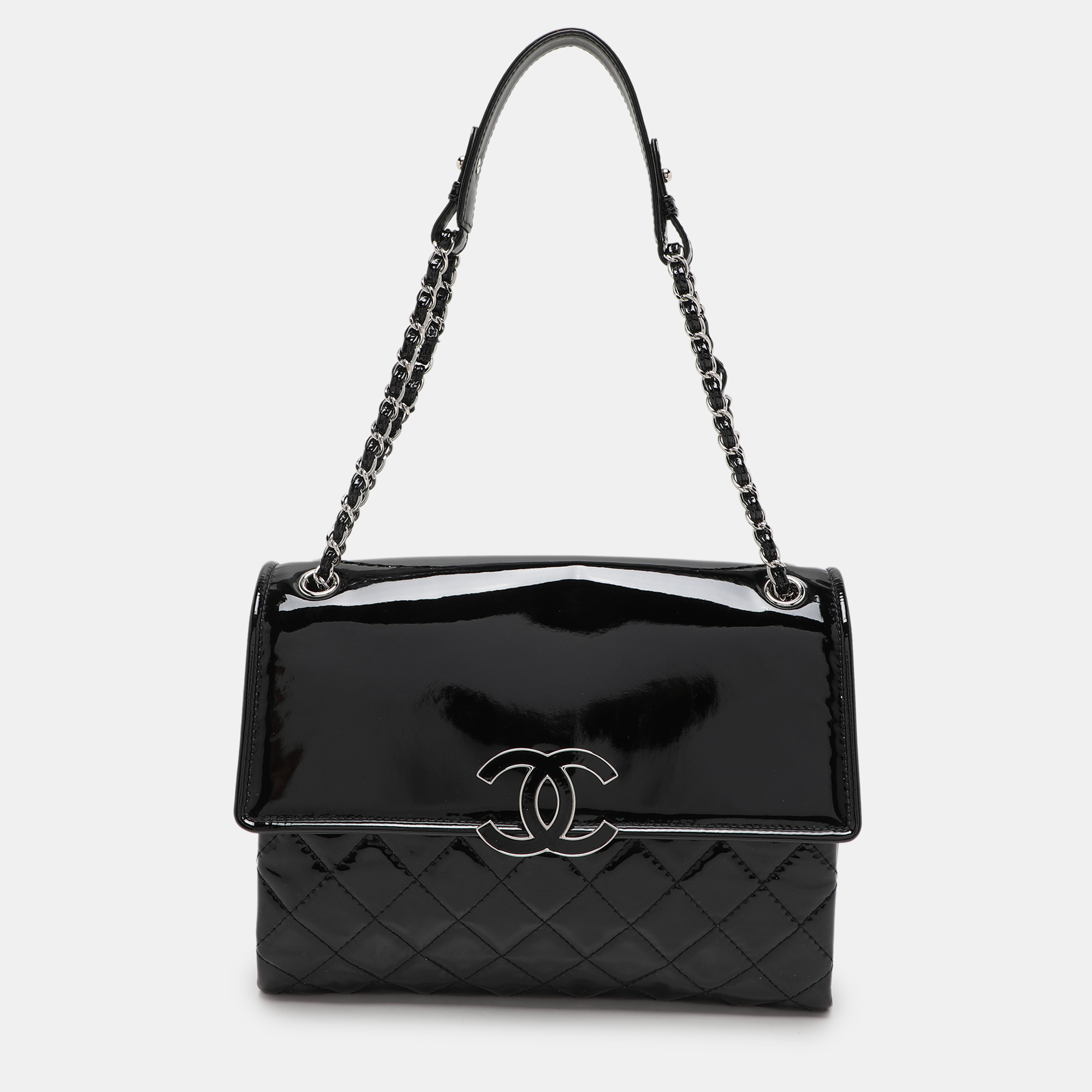 

Chanel Black Quilted Patent Leather Double Compartment Flap Bag