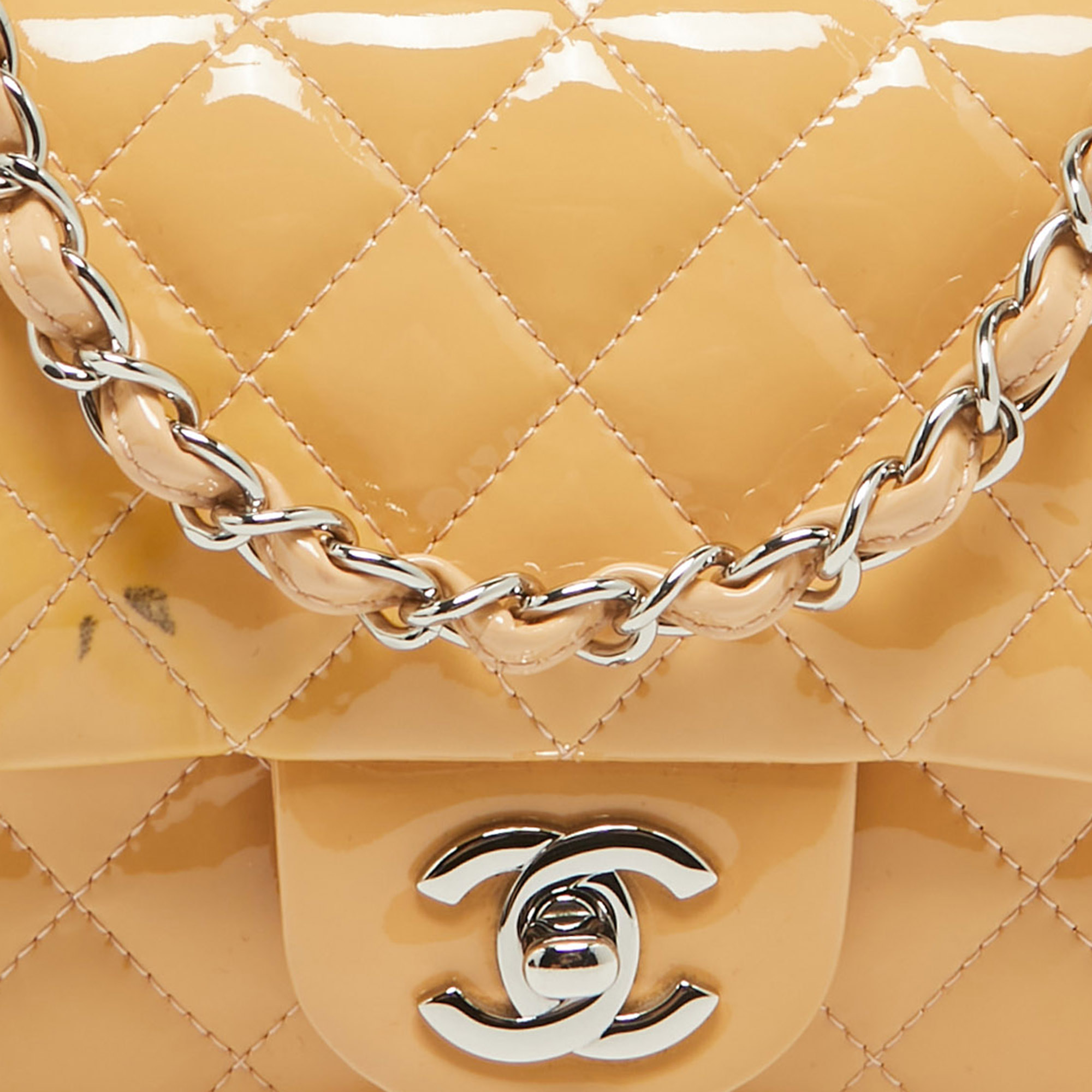 Chanel Beige Quilted Patent Leather Mini Square Classic Flap Bag 