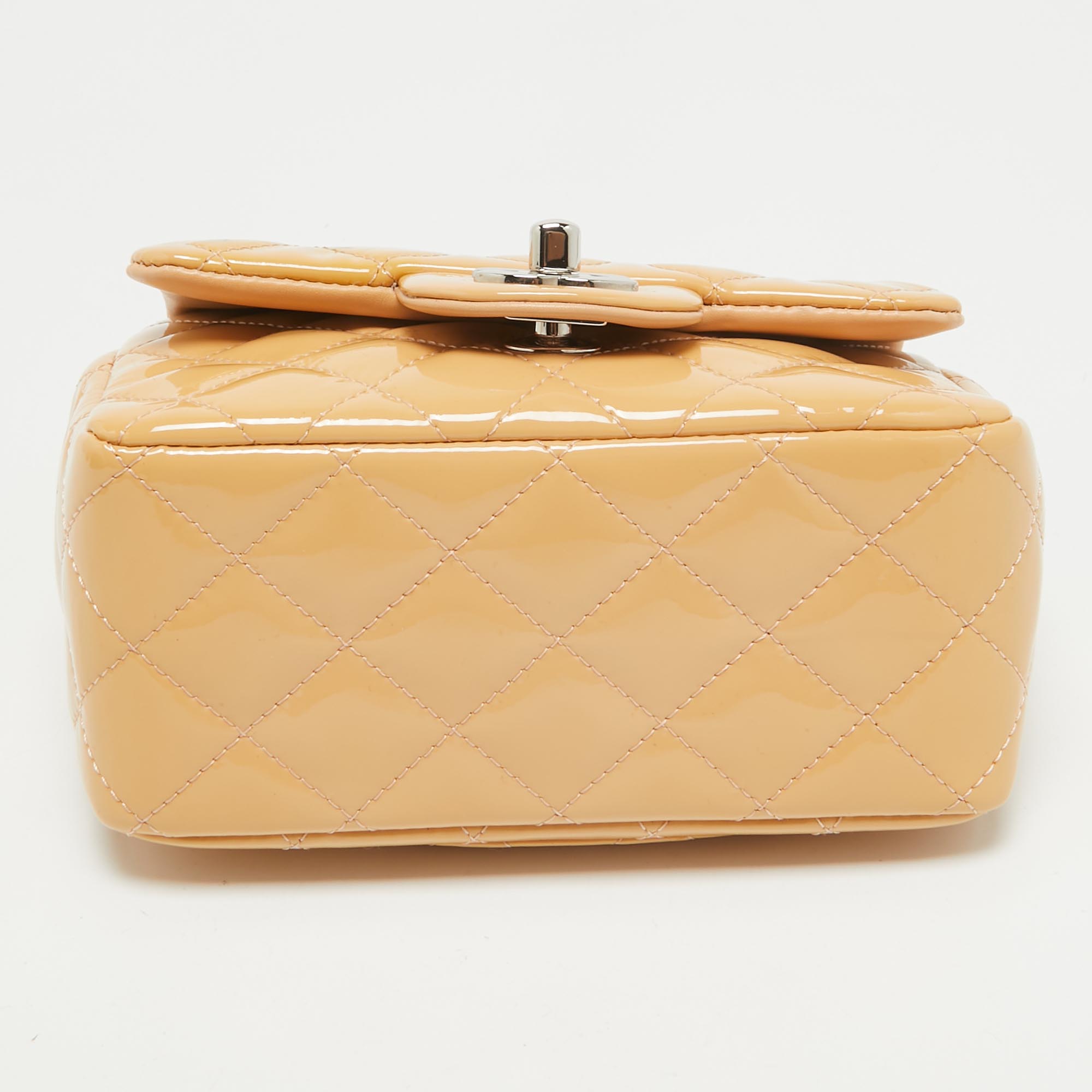 Chanel Beige Quilted Patent Leather Mini Square Classic Flap Bag 