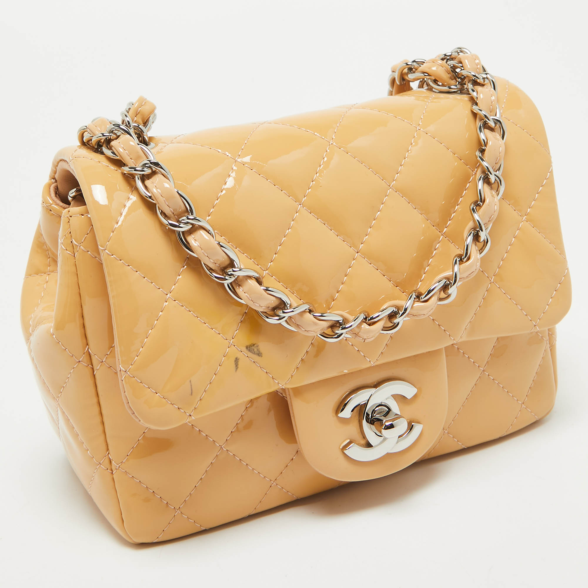 Chanel Beige Quilted Patent Leather Mini Square Classic Flap Bag 