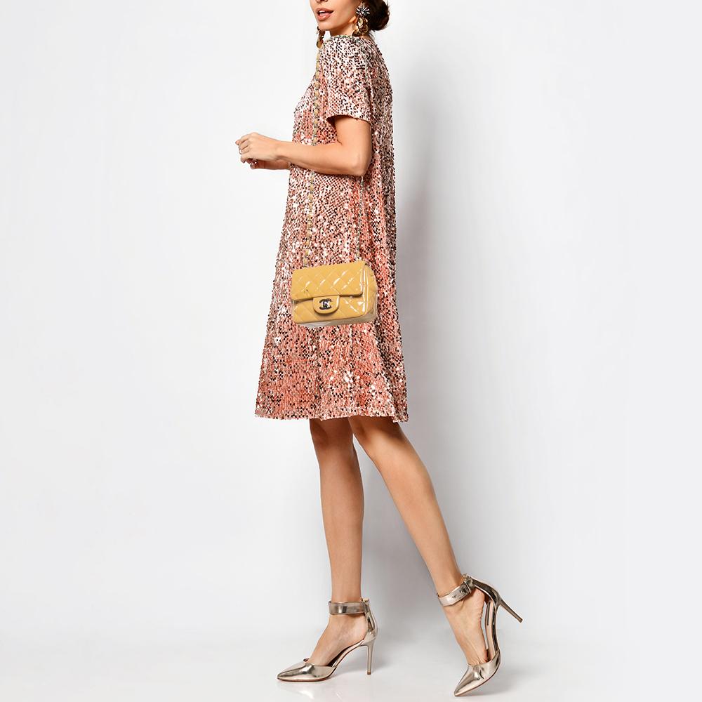 Chanel Beige Quilted Patent Leather Mini Square Classic Flap Bag 