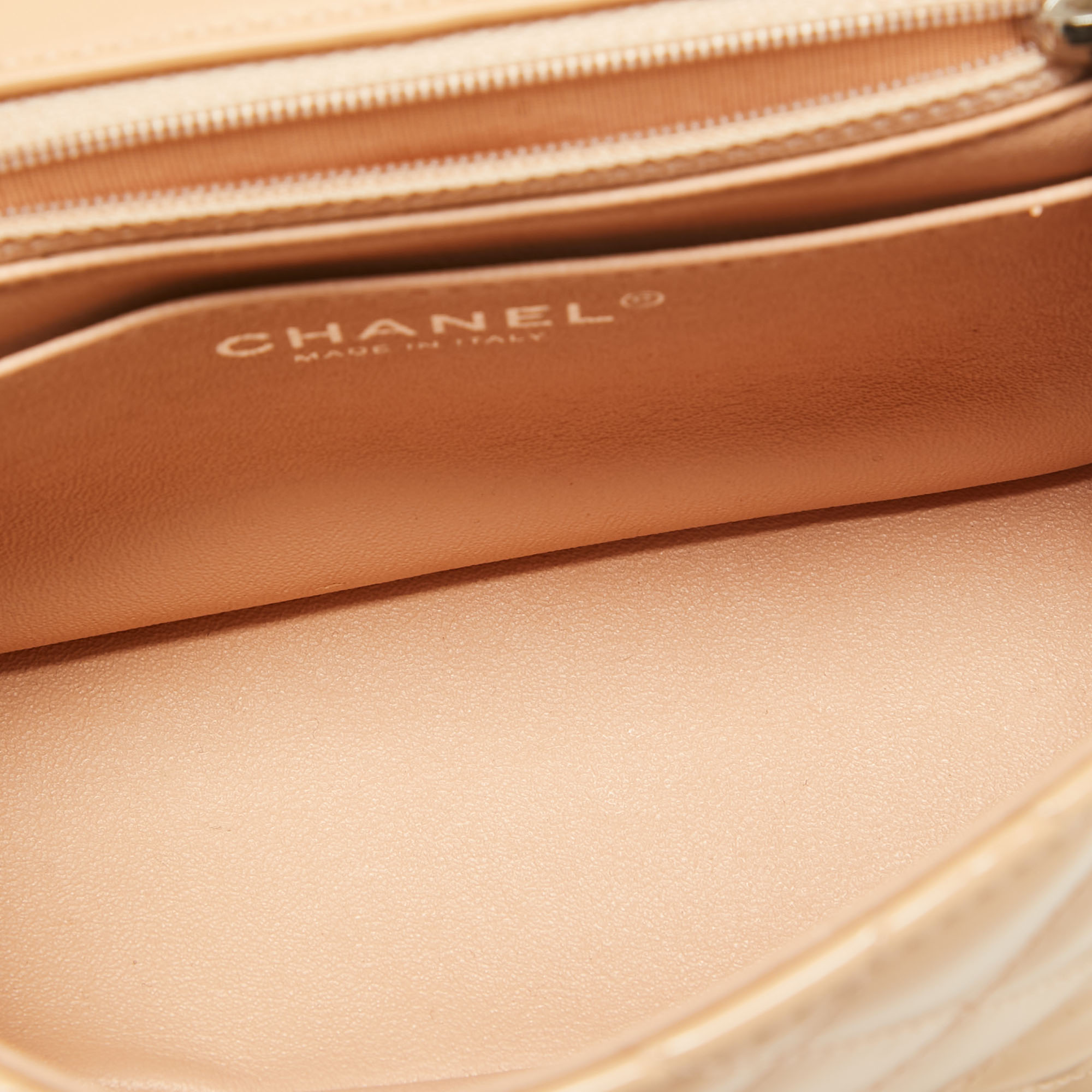 Chanel Beige Quilted Patent Leather Mini Square Classic Flap Bag 