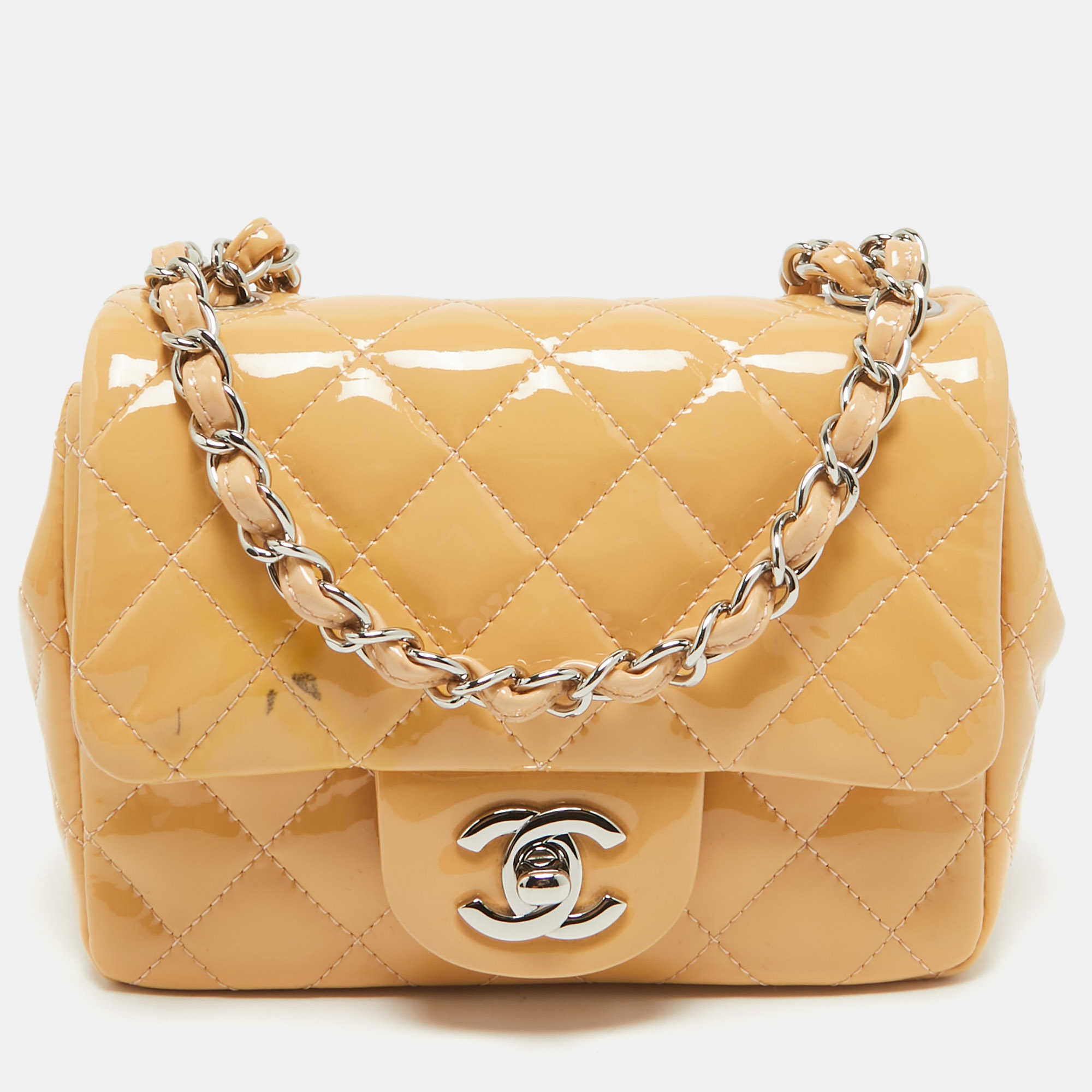 

Chanel Beige Quilted Patent Leather Mini Square Classic Flap Bag