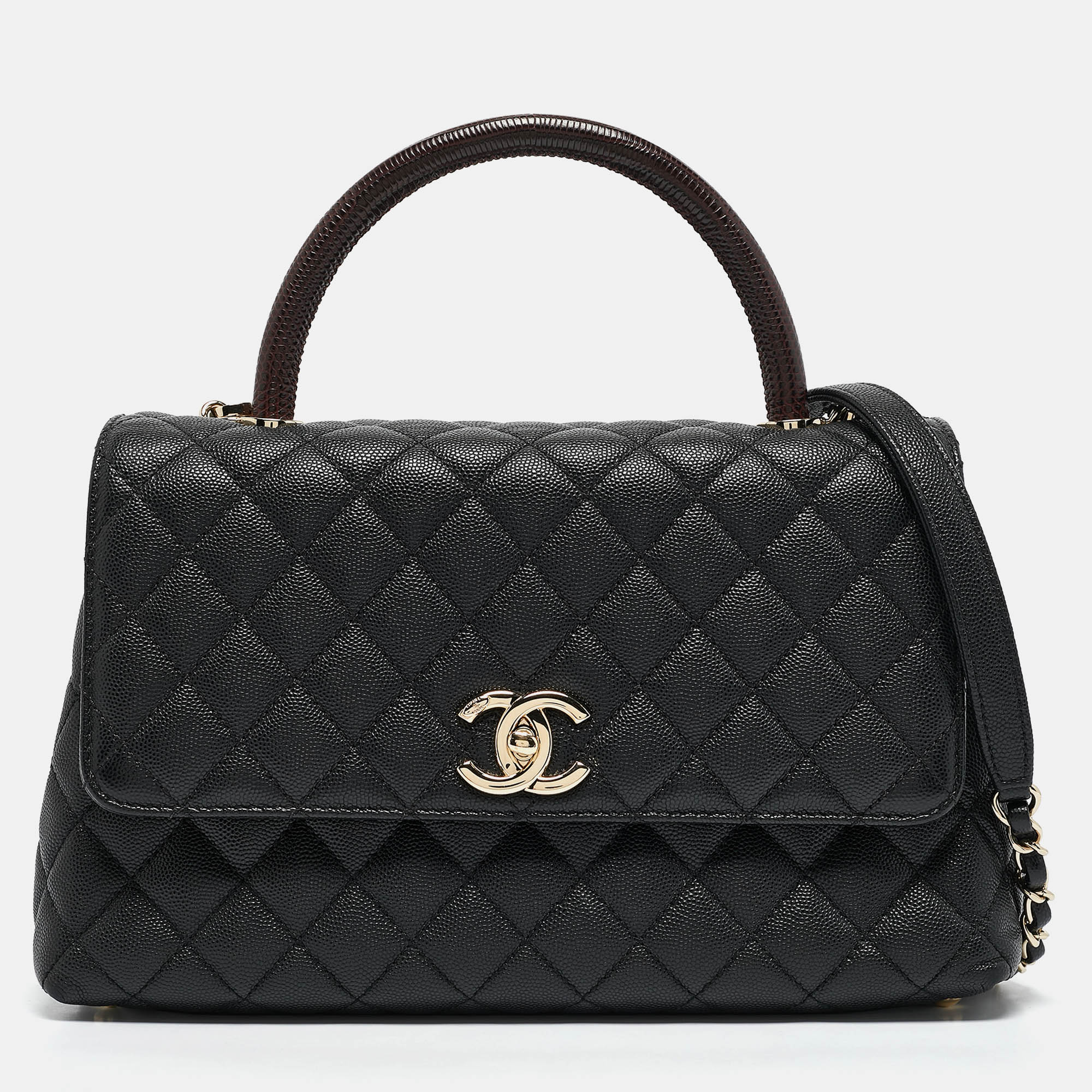 

Chanel Black/Burgundy Quilted Caviar and Lizard Embossed Leather Small Coco Top Handle Bag